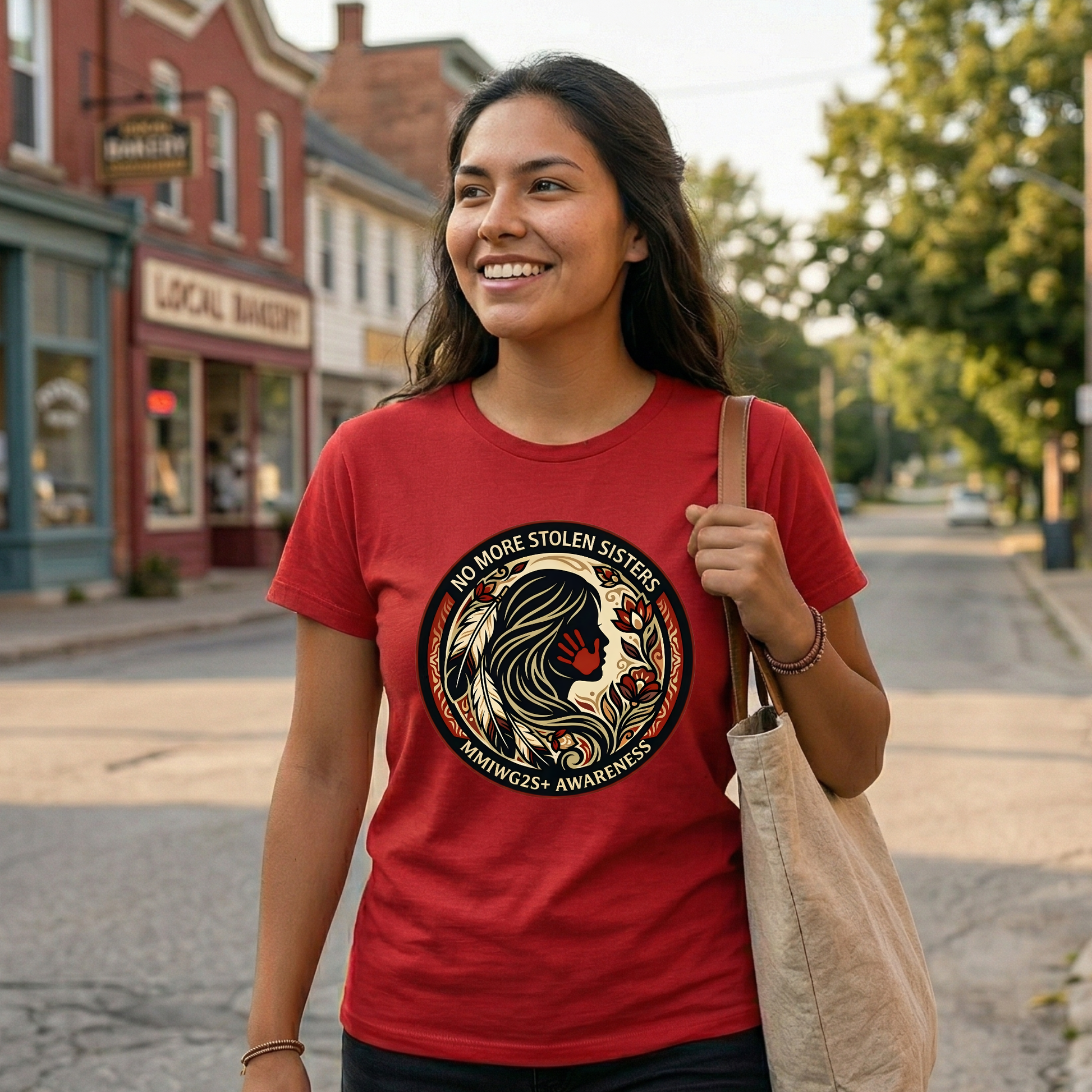 No More Stolen Sisters MMIWG2S+ awareness unisex t-shirt featuring powerful original graphic design calling for justice for Missing and Murdered Indigenous Women, Girls, and Two Spirit+ on soft heather cotton tee.