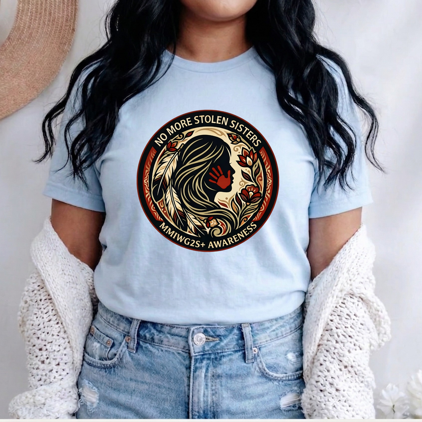 No More Stolen Sisters MMIWG2S+ awareness unisex t-shirt featuring powerful original graphic design calling for justice for Missing and Murdered Indigenous Women, Girls, and Two Spirit+ on soft heather cotton tee.