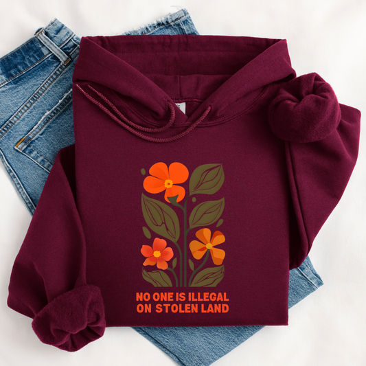 No one is illegal on stolen land hoodie, floral activist sweatshirt, Indigenous floral crewneck, land back sweatshirt, social justice apparel, stolen land floral shirt, Indigenous owned sweatshirt, Sahdeh Spruce design, unisex activist crewneck, decolonization clothing, retro floral sweatshirt, ethical fashion, protest crewneck