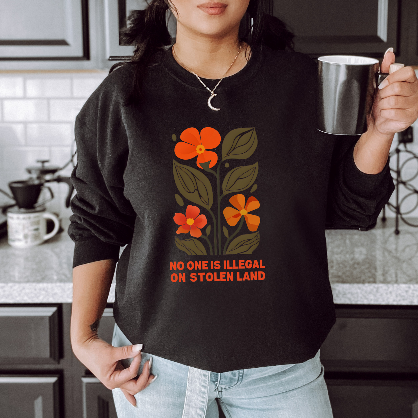 No one is illegal on stolen land sweatshirt, floral activist sweatshirt, Indigenous floral crewneck, land back sweatshirt, social justice apparel, stolen land floral shirt, Indigenous owned sweatshirt, Sahdeh Spruce design, unisex activist crewneck, decolonization clothing, retro floral sweatshirt, ethical fashion, protest crewneck