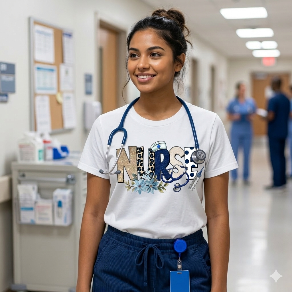 Stylish nurse floral stethoscope t-shirt perfect for nurses, nursing students, and healthcare workers. A thoughtful nurse appreciation gift for RN, LPN, CNA, and medical professionals.