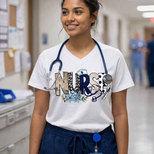 Cute nurse V-neck t-shirt featuring a floral stethoscope design. Perfect gift for nurses, RN, LPN, CNA, and nursing students. Great for Nurse Appreciation Week.