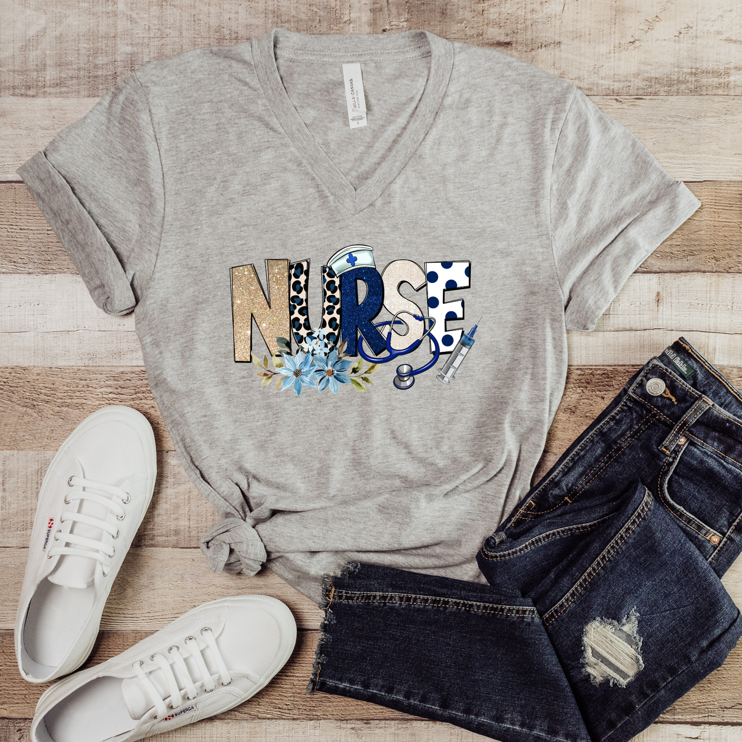 Cute nurse V-neck t-shirt featuring a floral stethoscope design. Perfect gift for nurses, RN, LPN, CNA, and nursing students. Great for Nurse Appreciation Week.