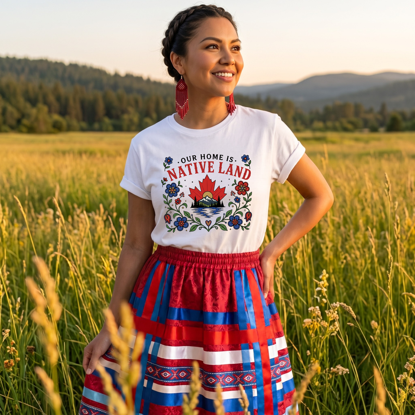 Our Home Is Native Land shirt, Indigenous Canada Day shirt, Indigenous floral maple leaf shirt, Native land graphic tee, Indigenous designed apparel, Indigenous-owned clothing, reconciliation shirt, National Indigenous Peoples Day shirt, Canadian mountain shirt, maple leaf floral shirt, Indigenous fashion Canada, Truth and Reconciliation apparel, Canadian landscape shirt, Indigenous artist shirt, support Indigenous business