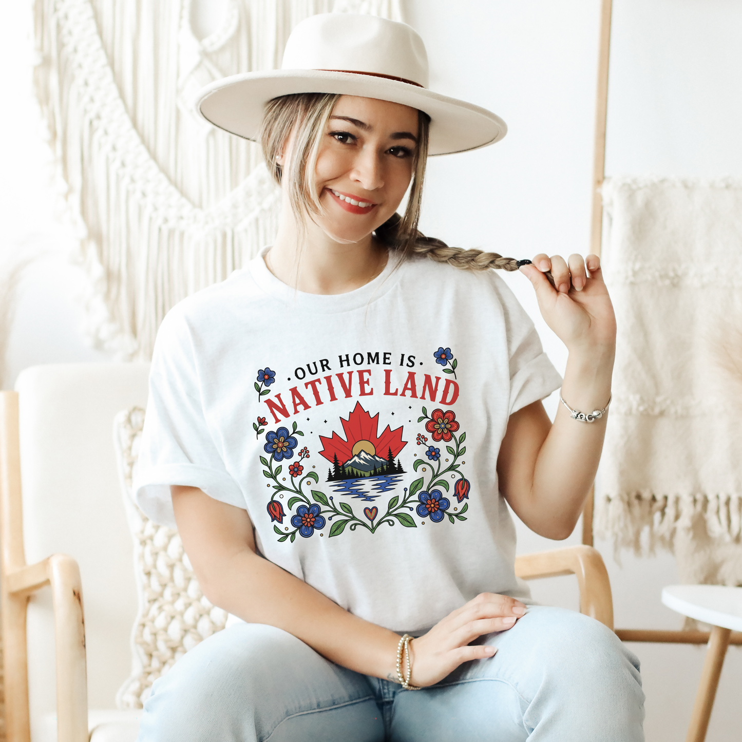 Our Home Is Native Land shirt, Indigenous Canada Day shirt, Indigenous floral maple leaf shirt, Native land graphic tee, Indigenous designed apparel, Indigenous-owned clothing, reconciliation shirt, National Indigenous Peoples Day shirt, Canadian mountain shirt, maple leaf floral shirt, Indigenous fashion Canada, Truth and Reconciliation apparel, Canadian landscape shirt, Indigenous artist shirt, support Indigenous business