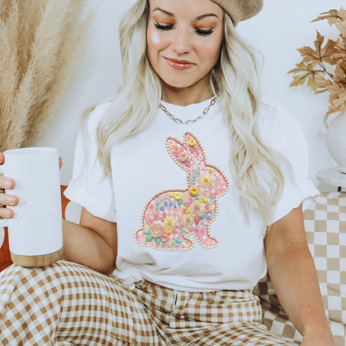 easter bunny shirt, floral bunny shirt, pearl bunny design, easter shirt women, spring graphic tee, cute bunny shirt, easter outfit idea, bunny graphic tee, floral easter shirt, womens easter shirt, spring aesthetic shirt, pastel bunny shirt, easter gift idea, unisex graphic tee, trendy easter shirt