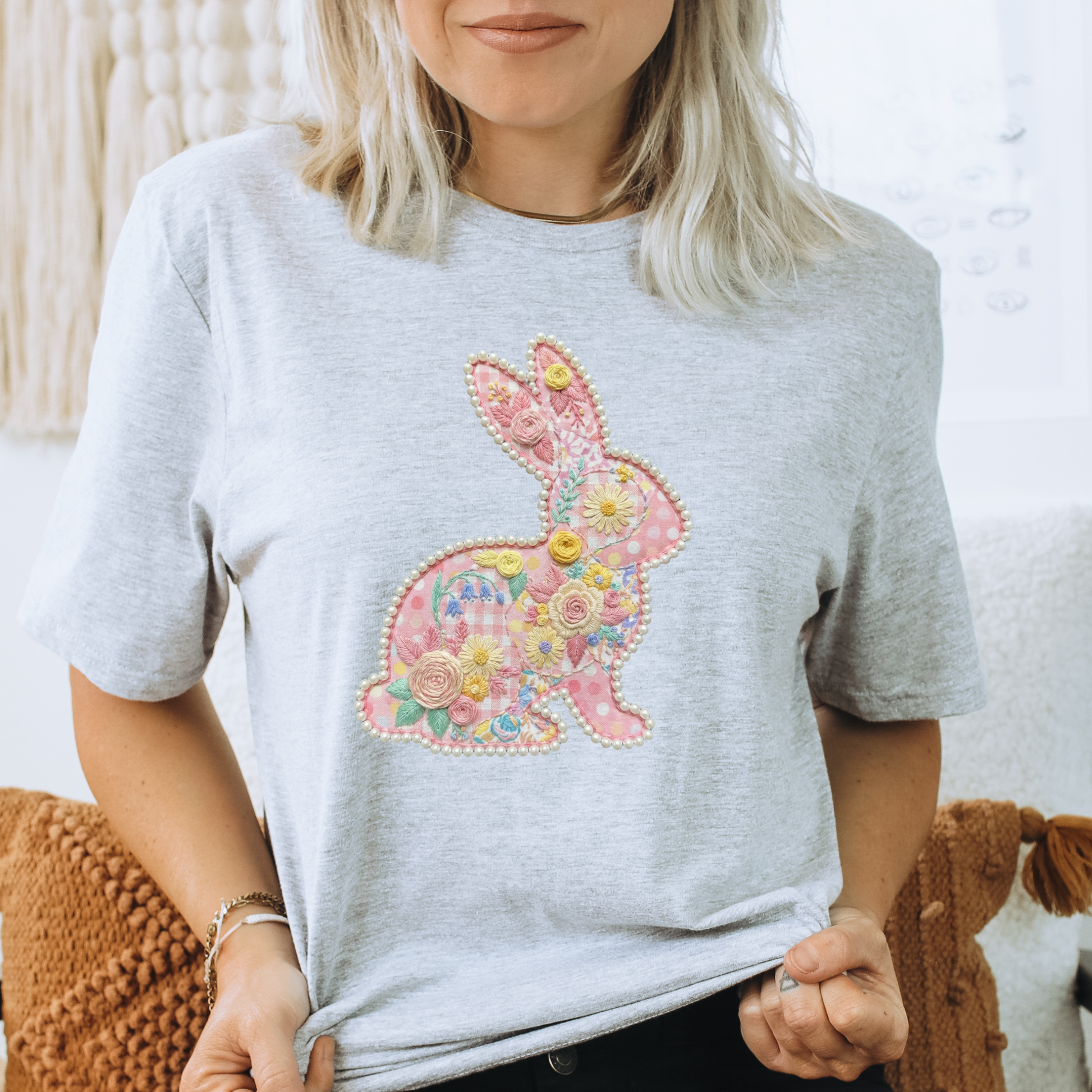easter bunny shirt, floral bunny shirt, pearl bunny design, easter shirt women, spring graphic tee, cute bunny shirt, easter outfit idea, bunny graphic tee, floral easter shirt, womens easter shirt, spring aesthetic shirt, pastel bunny shirt, easter gift idea, unisex graphic tee, trendy easter shirt