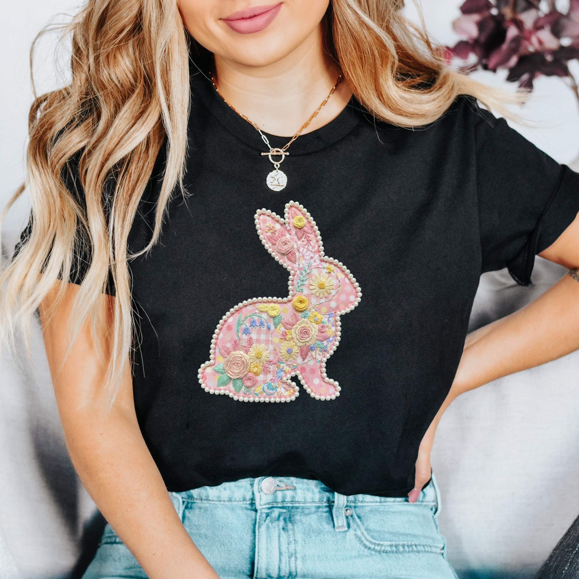 easter bunny shirt, floral bunny shirt, pearl bunny design, easter shirt women, spring graphic tee, cute bunny shirt, easter outfit idea, bunny graphic tee, floral easter shirt, womens easter shirt, spring aesthetic shirt, pastel bunny shirt, easter gift idea, unisex graphic tee, trendy easter shirt