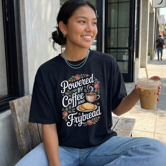 Woman wearing a black t-shirt with 'Powered by Coffee and Frybread' design, holding a drink outdoors.  coffee shirt, frybread shirt, indigenous shirt, funny indigenous shirt, coffee lover tee, cultural apparel, indigenous inspired clothing, casual graphic tee, funny t shirt, foodie shirt, native humor shirt, everyday wear tee, statement shirt, gift idea shirt