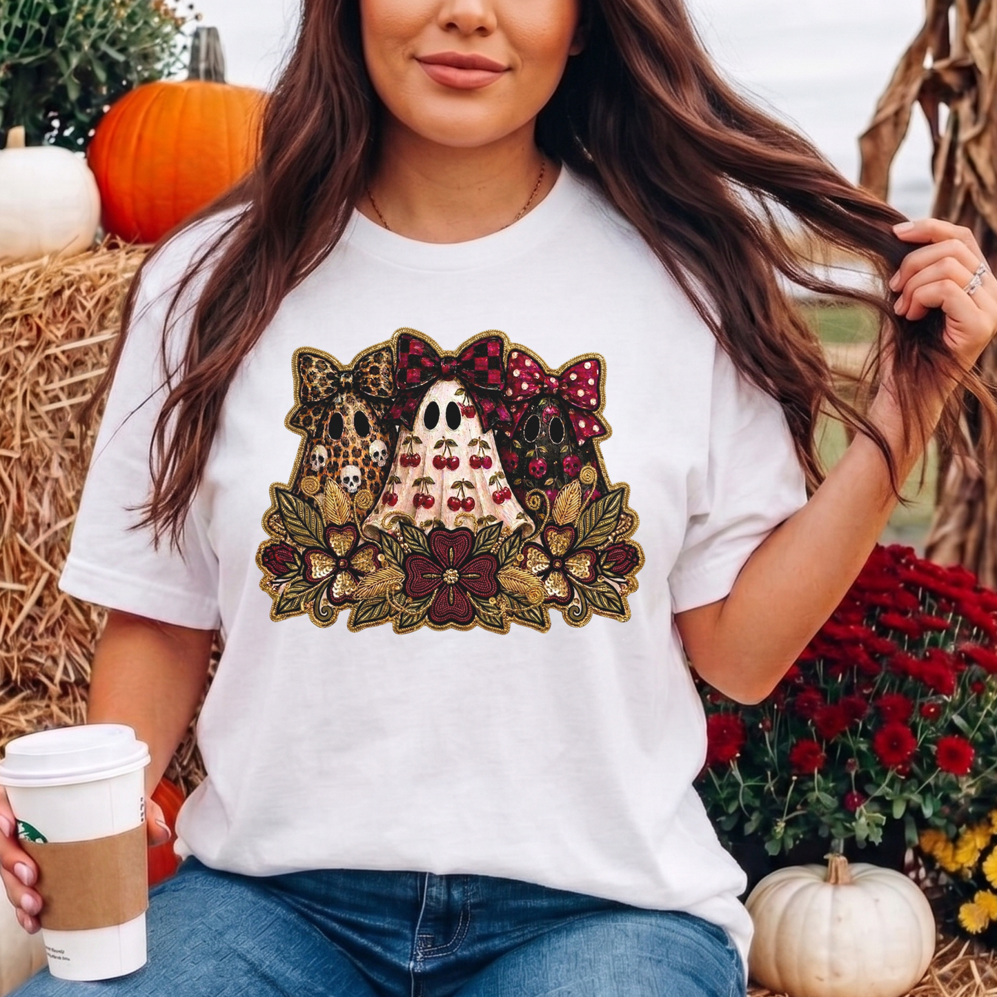 Cute Preppy Ghost Coquette Halloween Shirt featuring cherry, leopard, and floral bow ghosts with autumn florals. The perfect trendy fall graphic tee for pumpkin patch season and Halloween. preppy ghost shirt, coquette halloween shirt, cherry ghost shirt, cute halloween tee, ghost bow shirt, spooky season shirt, fall aesthetic shirt, pumpkin patch outfit, halloween graphic tee, floral ghost shirt, leopard bow ghost, autumn shirt, coquette fall shirt