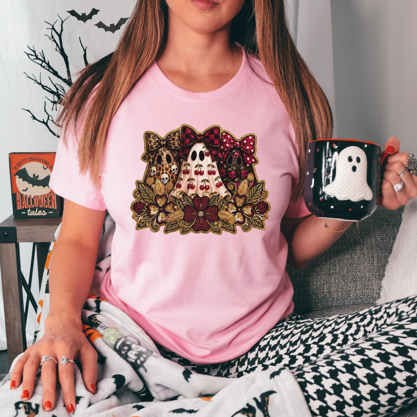 Cute Preppy Ghost Coquette Halloween Shirt featuring cherry, leopard, and floral bow ghosts with autumn florals. The perfect trendy fall graphic tee for pumpkin patch season and Halloween. preppy ghost shirt, coquette halloween shirt, cherry ghost shirt, cute halloween tee, ghost bow shirt, spooky season shirt, fall aesthetic shirt, pumpkin patch outfit, halloween graphic tee, floral ghost shirt, leopard bow ghost, autumn shirt, coquette fall shirt