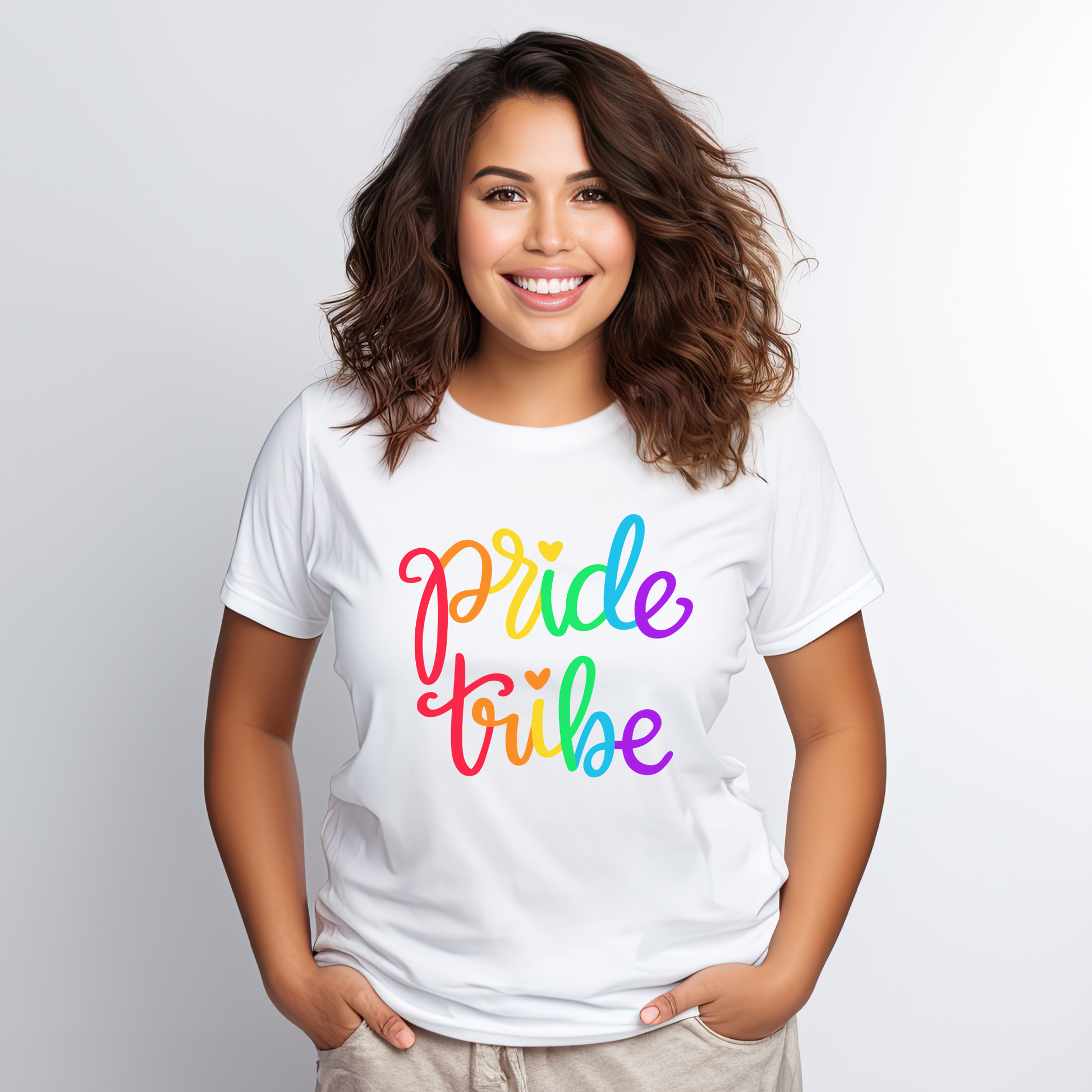 Pride Tribe unisex shirt with bold rainbow script text on a graphic tee. Pride Tribe shirt, rainbow pride shirt, LGBTQ pride tee, unisex graphic tee, pride apparel, rainbow shirt, statement tee, inclusive fashion, community shirt, pride outfit, LGBTQ support shirt, colorful script tee, gift for pride, everyday graphic tee, pride clothing