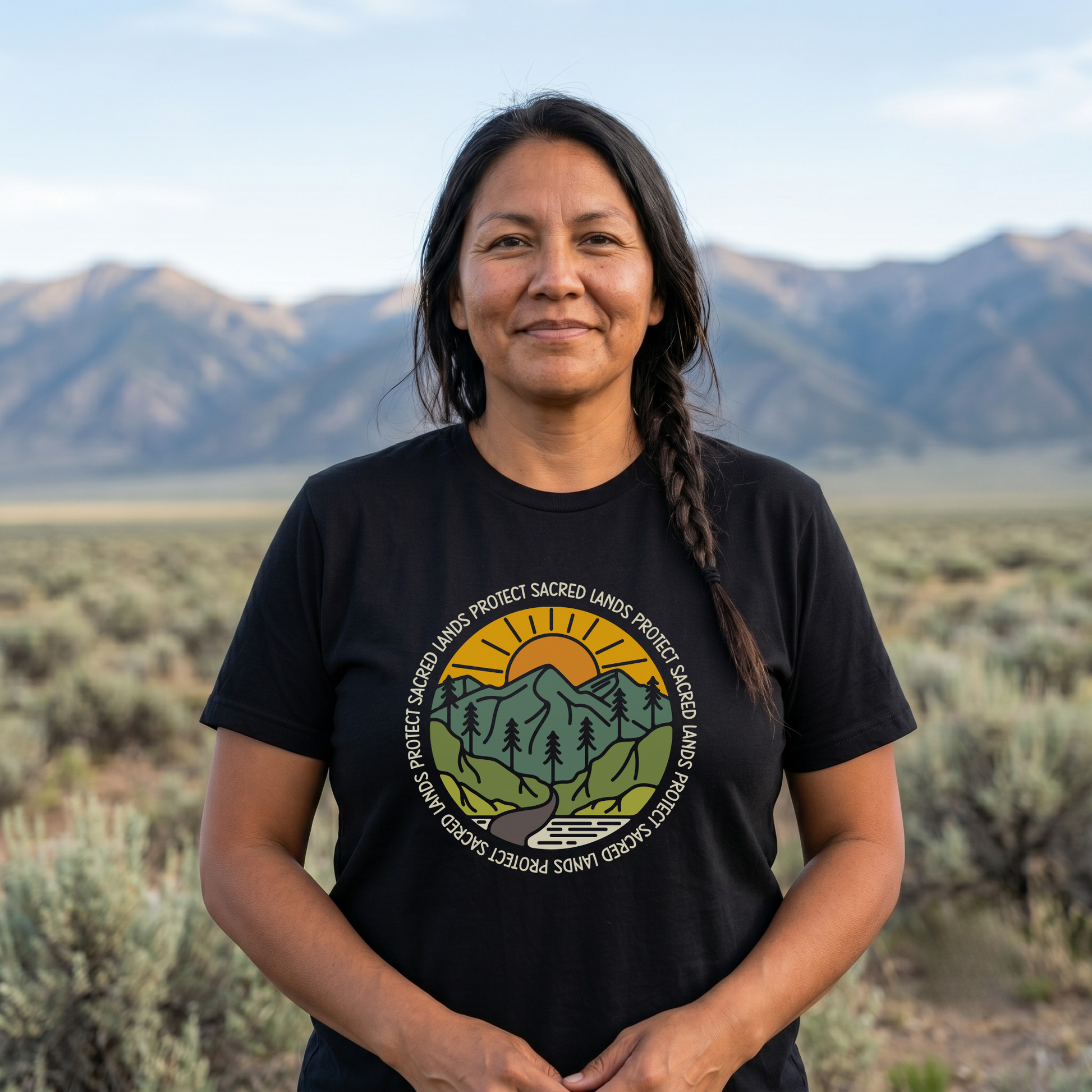 Protect Sacred Lands shirt featuring mountains, trees, water, and a rising sun surrounded by the words Protect Sacred Lands in a circular design. Protect Sacred Lands Shirt, Indigenous Advocacy Shirt, Environmental Awareness Shirt, Nature Conservation Apparel, Indigenous Land Stewardship, Protect The Land Shirt, Outdoor Graphic Tee, Conservation Clothing, Indigenous Ally Apparel, Nature Lover Gift