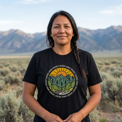 Protect Sacred Lands shirt featuring mountains, trees, water, and a rising sun surrounded by the words Protect Sacred Lands in a circular design. Protect Sacred Lands Shirt, Indigenous Advocacy Shirt, Environmental Awareness Shirt, Nature Conservation Apparel, Indigenous Land Stewardship, Protect The Land Shirt, Outdoor Graphic Tee, Conservation Clothing, Indigenous Ally Apparel, Nature Lover Gift