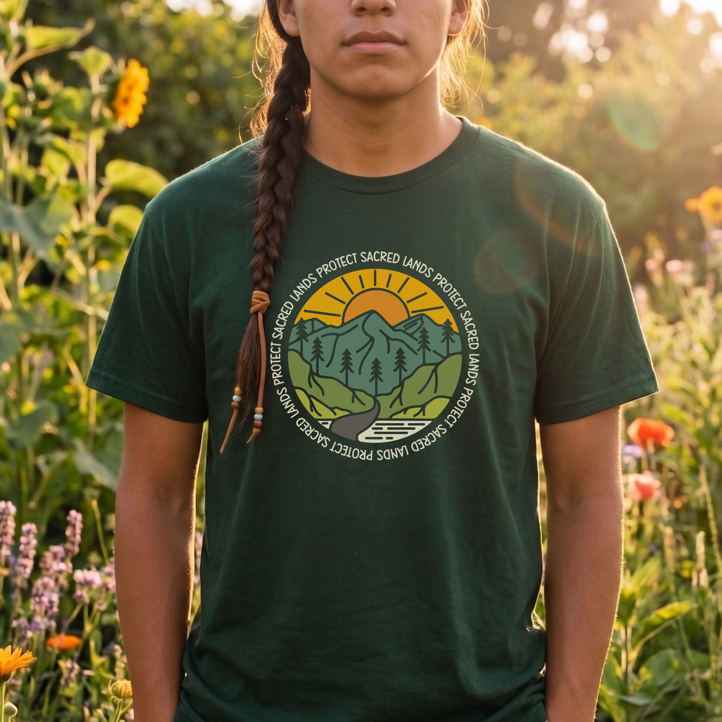 Protect Sacred Lands shirt featuring mountains, trees, water, and a rising sun surrounded by the words Protect Sacred Lands in a circular design. Protect Sacred Lands Shirt, Indigenous Advocacy Shirt, Environmental Awareness Shirt, Nature Conservation Apparel, Indigenous Land Stewardship, Protect The Land Shirt, Outdoor Graphic Tee, Conservation Clothing, Indigenous Ally Apparel, Nature Lover Gift