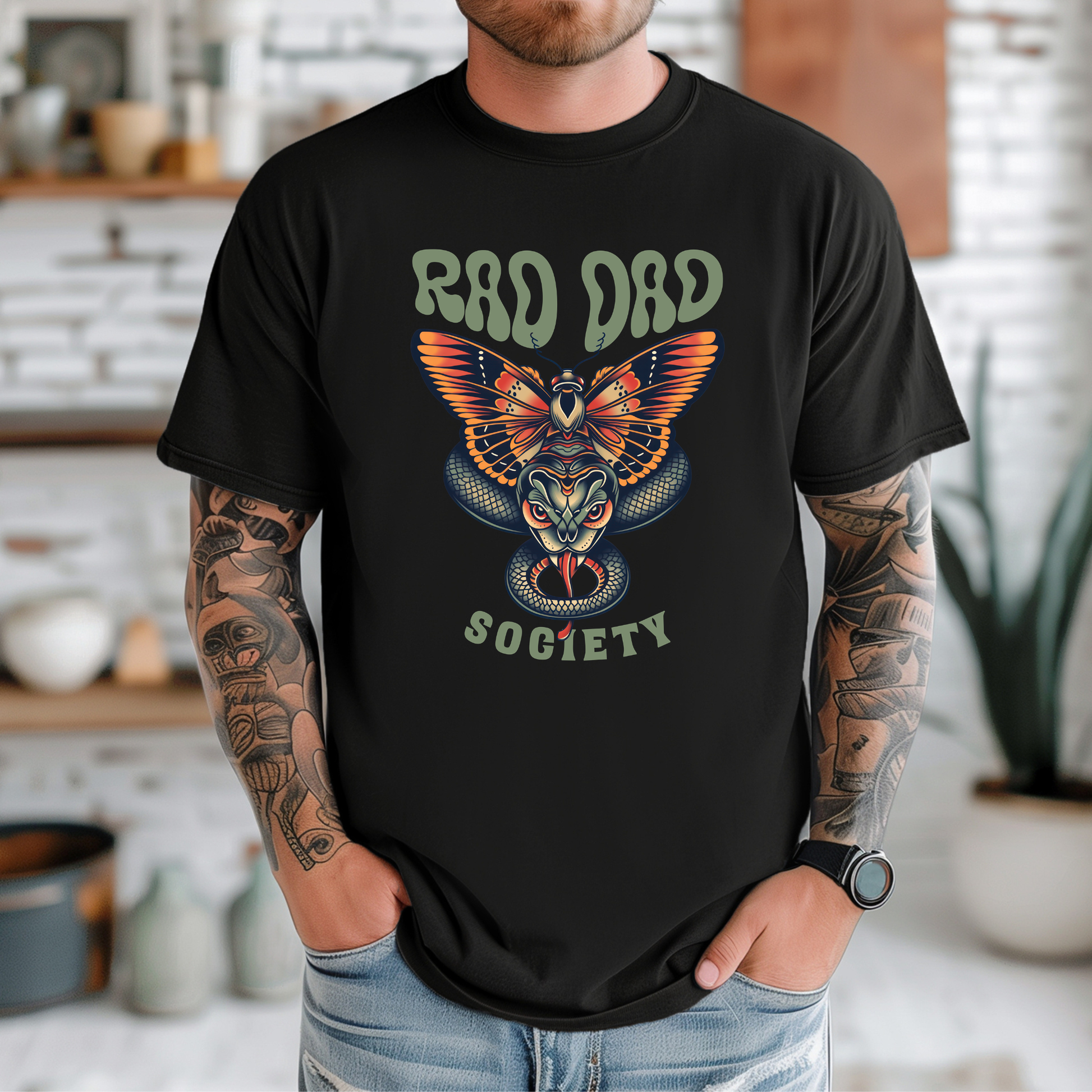 Rad Dad Society shirt with moth and snake graphic on a unisex t-shirt.rad dad society, dad shirt, graphic tee, retro dad shirt, unisex t-shirt, moth and snake design, cool dad shirt, father gift, bold dad apparel, vintage style tee, unique dad shirt, everyday casual shirt, statement graphic tee, father’s day gift, rad dad tee