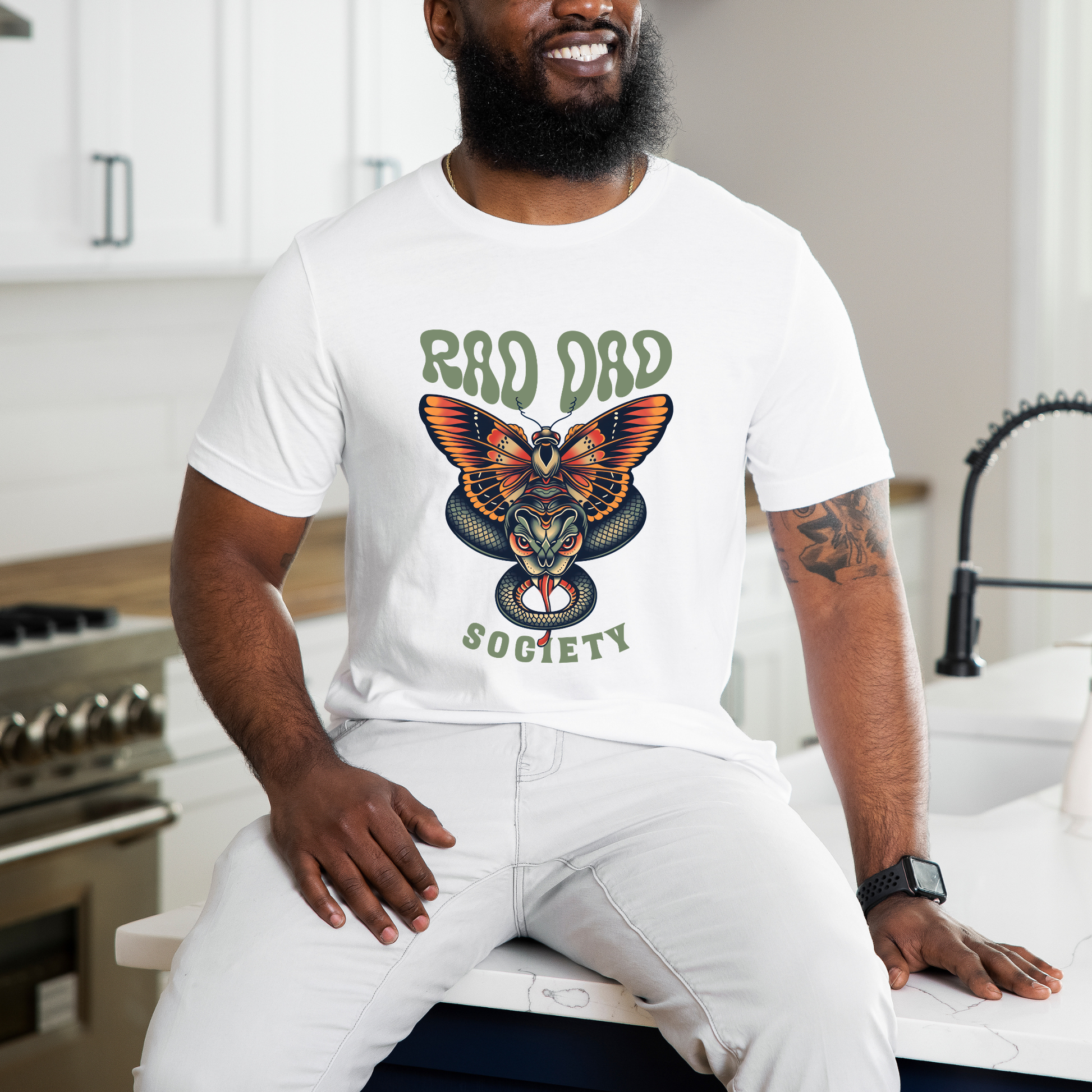 Rad Dad Society shirt with moth and snake graphic on a unisex t-shirt.rad dad society, dad shirt, graphic tee, retro dad shirt, unisex t-shirt, moth and snake design, cool dad shirt, father gift, bold dad apparel, vintage style tee, unique dad shirt, everyday casual shirt, statement graphic tee, father’s day gift, rad dad tee