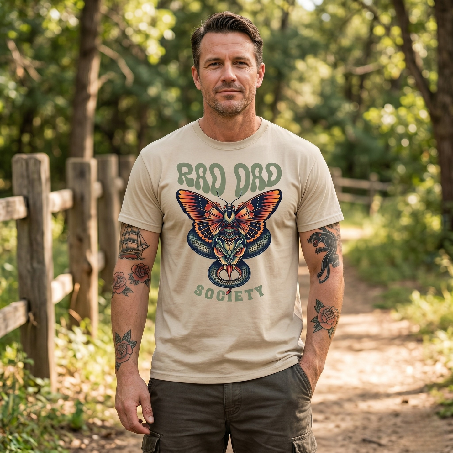 Rad Dad Society shirt with moth and snake graphic on a unisex t-shirt.rad dad society, dad shirt, graphic tee, retro dad shirt, unisex t-shirt, moth and snake design, cool dad shirt, father gift, bold dad apparel, vintage style tee, unique dad shirt, everyday casual shirt, statement graphic tee, father’s day gift, rad dad tee