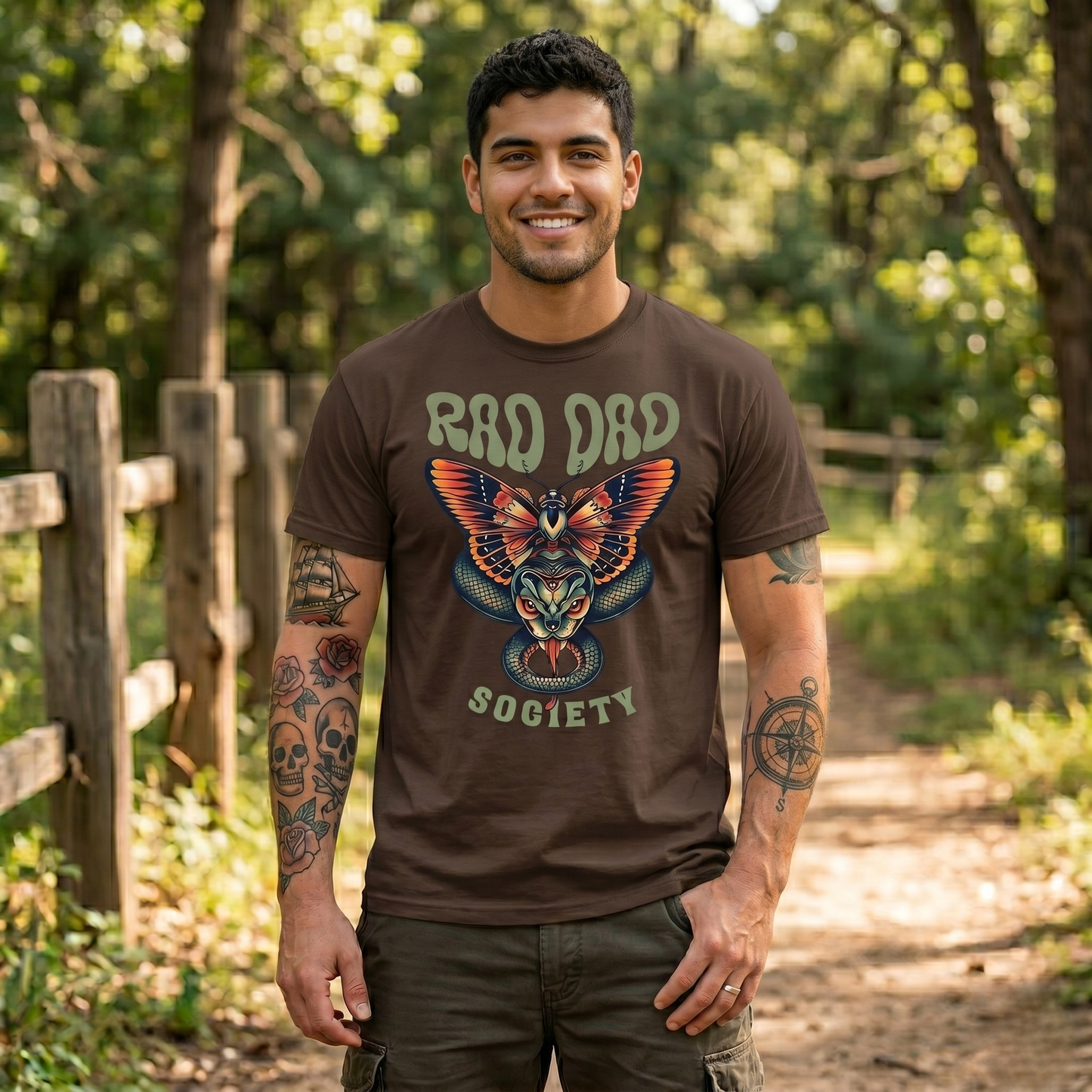 Rad Dad Society shirt with moth and snake graphic on a unisex t-shirt.rad dad society, dad shirt, graphic tee, retro dad shirt, unisex t-shirt, moth and snake design, cool dad shirt, father gift, bold dad apparel, vintage style tee, unique dad shirt, everyday casual shirt, statement graphic tee, father’s day gift, rad dad tee