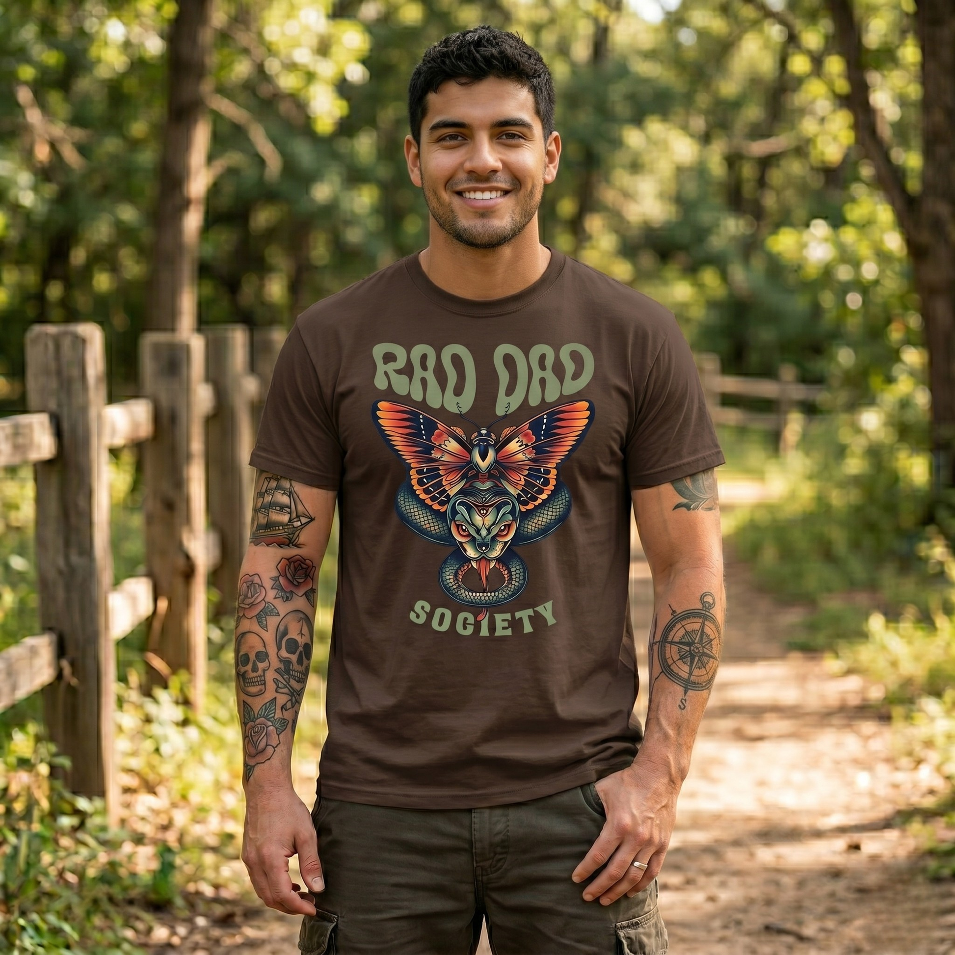 Rad Dad Society shirt with moth and snake graphic on a unisex t-shirt.rad dad society, dad shirt, graphic tee, retro dad shirt, unisex t-shirt, moth and snake design, cool dad shirt, father gift, bold dad apparel, vintage style tee, unique dad shirt, everyday casual shirt, statement graphic tee, father’s day gift, rad dad tee