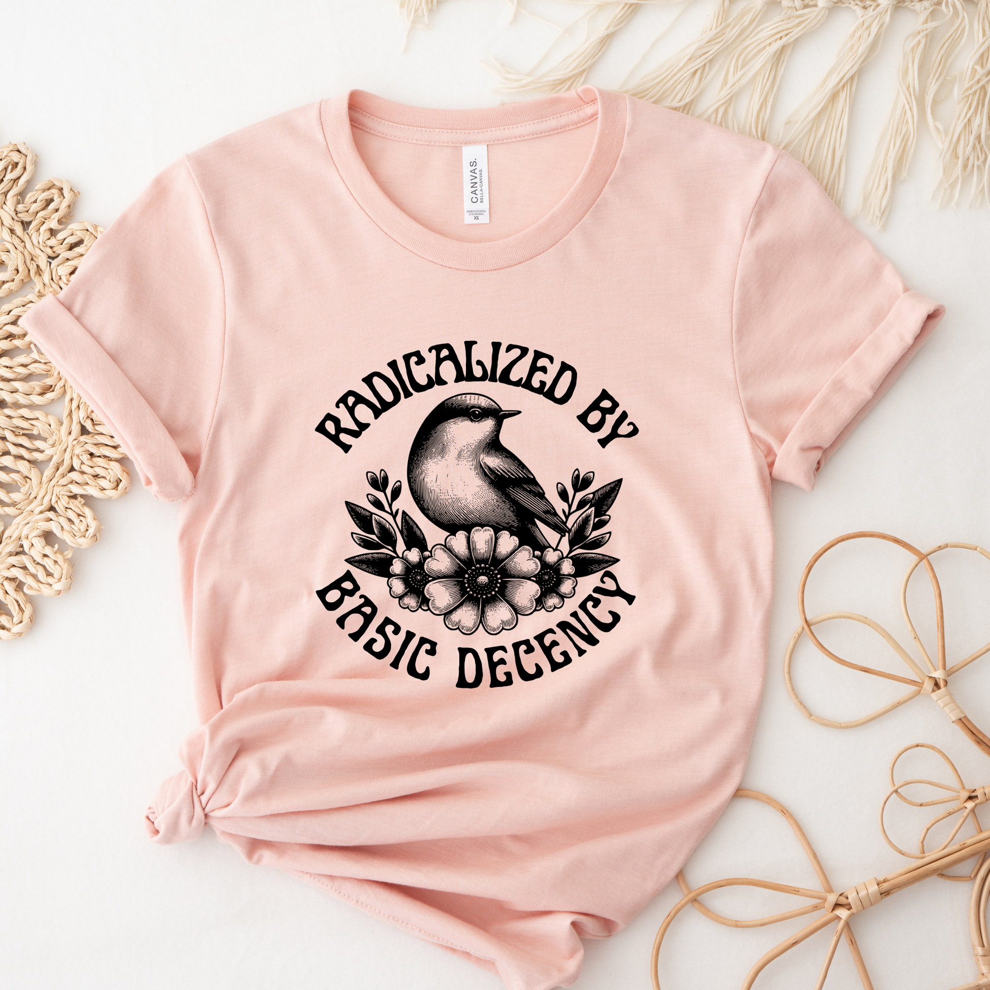 Pink t-shirt with black graphic design and text on a light background. radicalized by basic decency shirt, progressive tee, activist shirt, social justice clothing, political statement tee, hypocrisy shirt, progressive apparel, rally shirt, protest tee, witty activist shirt, equality shirt, ally shirt, conversation starter tee, bold statement clothing, unisex political shirt
