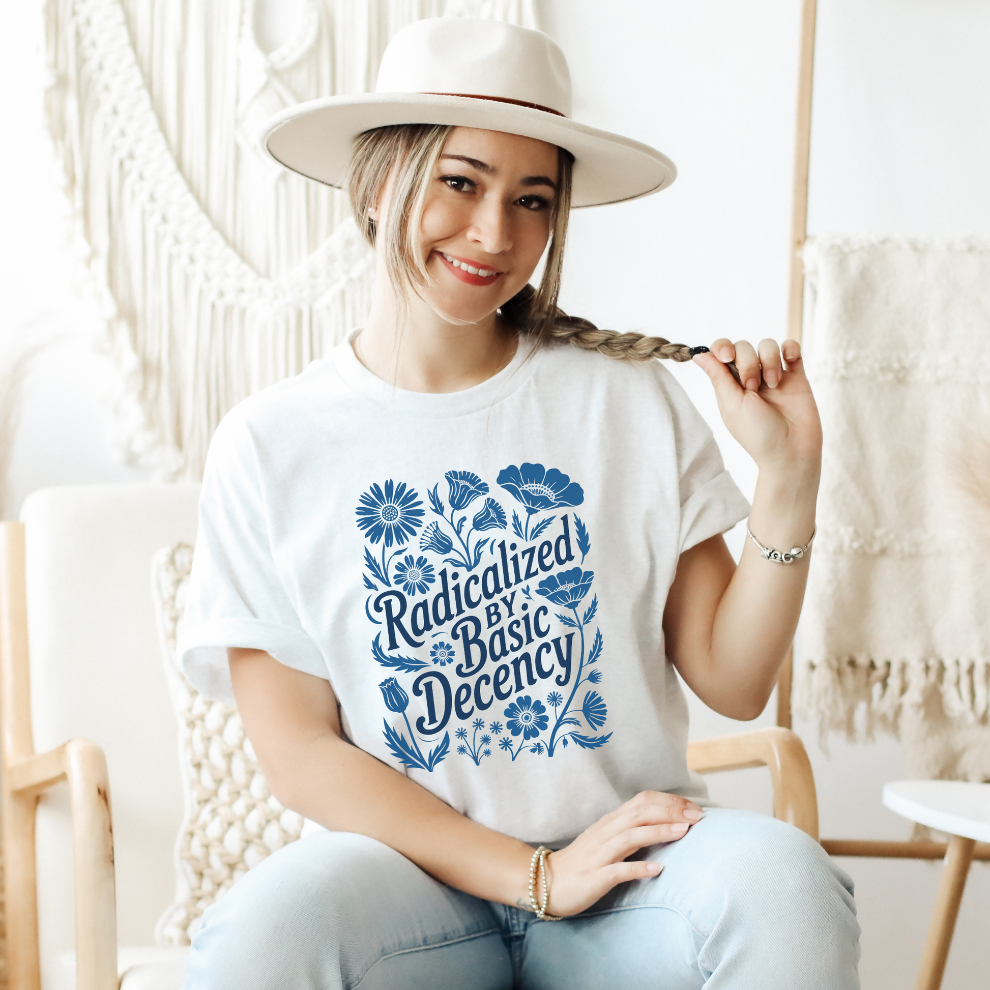 radicalized by basic decency shirt, wildflower shirt, blue floral shirt, linocut design shirt, social justice shirt, activist graphic tee, floral activist shirt, vintage floral tee, kindness message shirt, progressive shirt, statement graphic tee, unisex activist shirt, cottagecore activist shirt