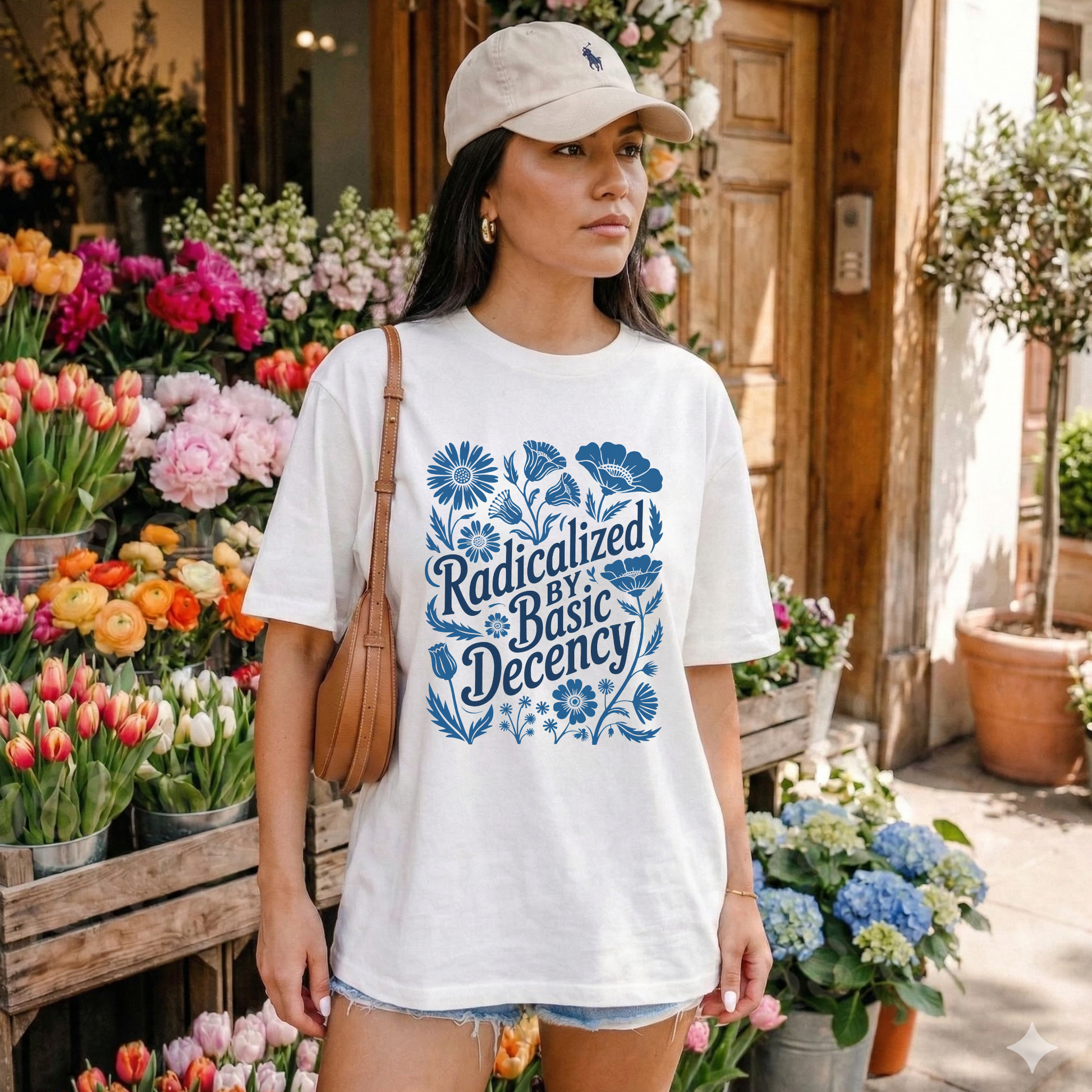 radicalized by basic decency shirt, wildflower shirt, blue floral shirt, linocut design shirt, social justice shirt, activist graphic tee, floral activist shirt, vintage floral tee, kindness message shirt, progressive shirt, statement graphic tee, unisex activist shirt, cottagecore activist shirt
