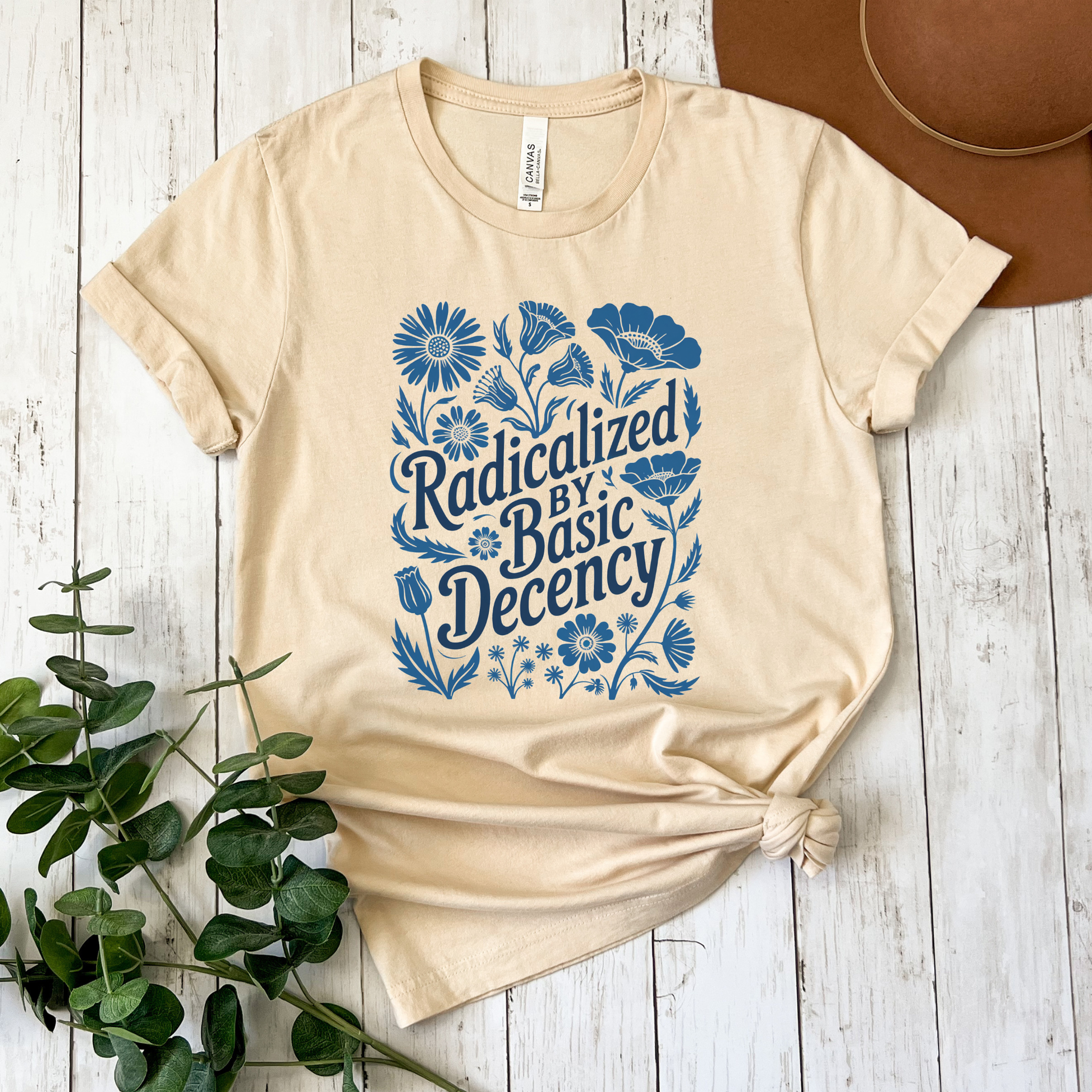 radicalized by basic decency shirt, wildflower shirt, blue floral shirt, linocut design shirt, social justice shirt, activist graphic tee, floral activist shirt, vintage floral tee, kindness message shirt, progressive shirt, statement graphic tee, unisex activist shirt, cottagecore activist shirt