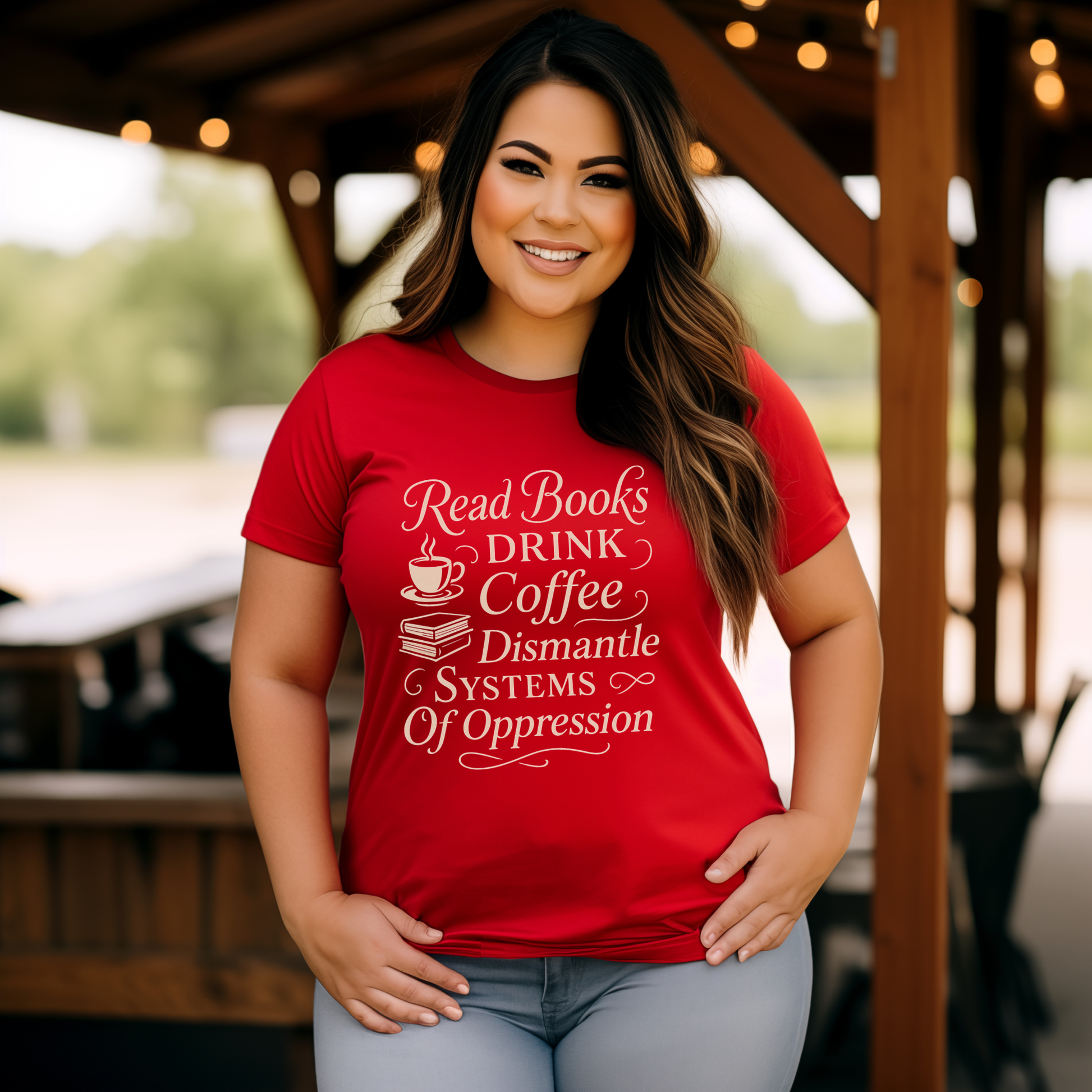 Woman wearing a red t-shirt with motivational text, standing outdoors. read books drink coffee dismantle systems of oppression shirt, activist shirt, book lover shirt, coffee lover tee, social justice shirt, political statement tee, feminist shirt, progressive apparel, reader shirt, library shirt, protest shirt, anti oppression shirt, unisex graphic tee, outspoken clothing, education and activism shirt
