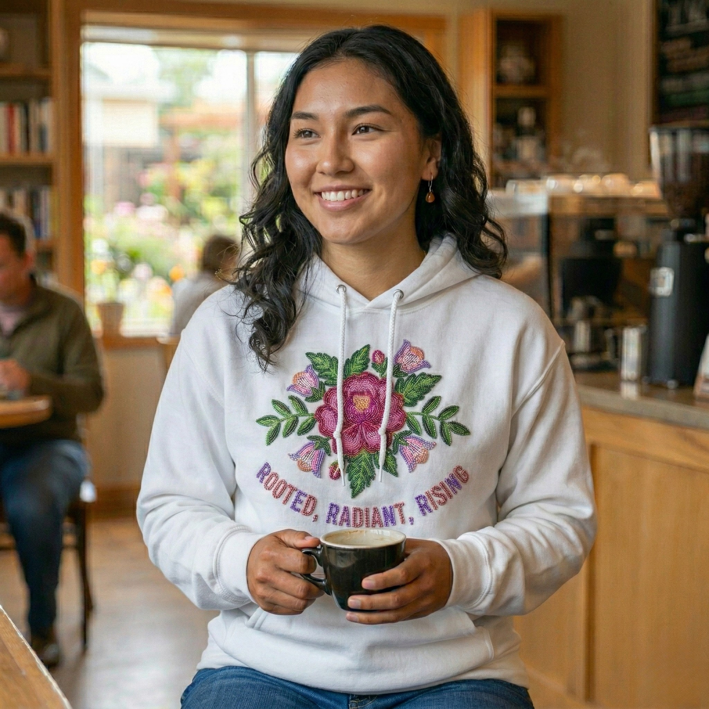 Rooted Radiant Rising hoodie, Indigenous beadwork floral sweatshirt, Native floral crewneck, Dene floral sweatshirt, Indigenous growth sweatshirt, cultural floral fleece, Sahtu Tlicho beadwork sweatshirt, radiant rising Indigenous apparel, ancestral floral sweatshirt, Indigenous-owned sweatshirts.