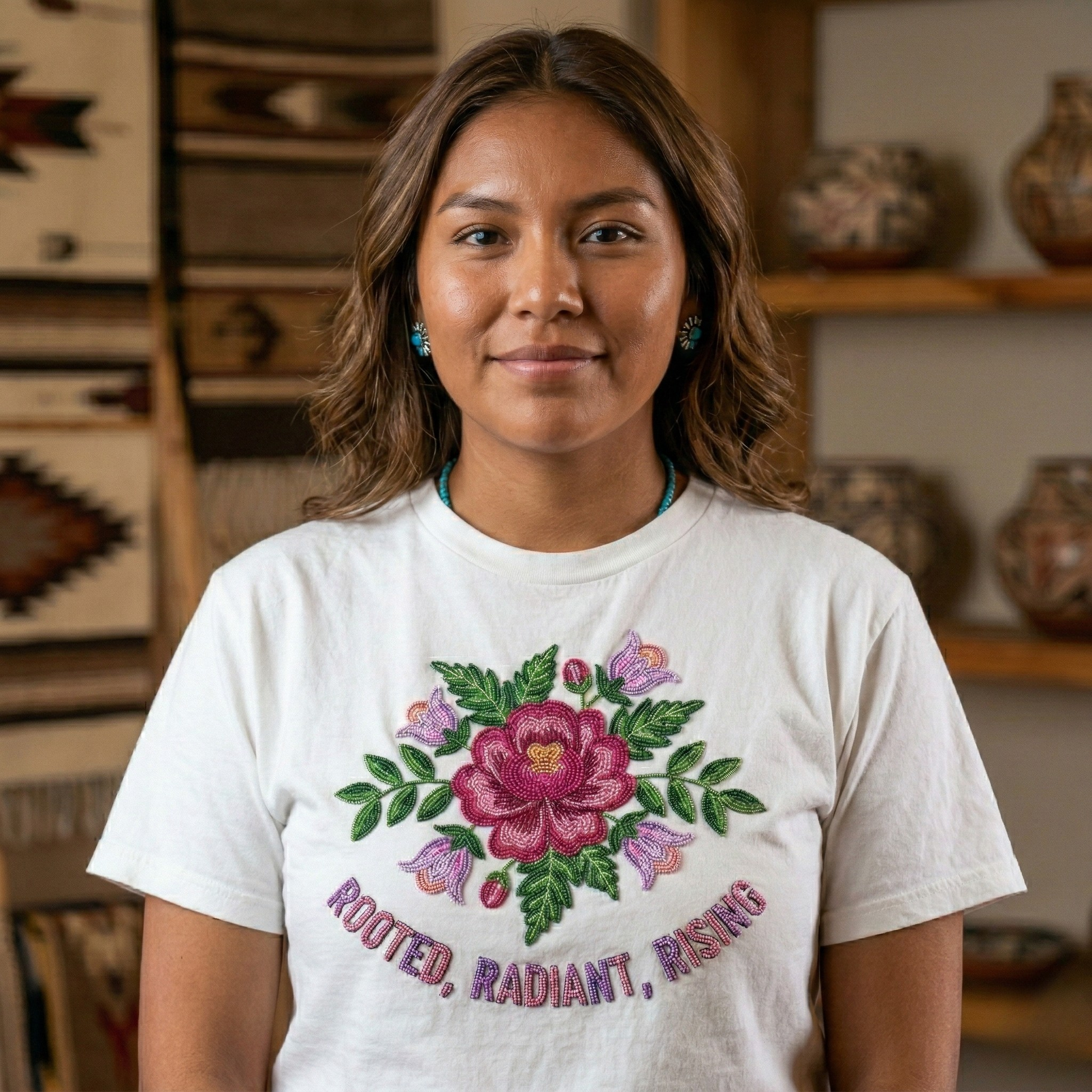 Rooted Radiant Rising shirt, Indigenous beadwork floral shirt, Native floral graphic tee, Dene floral design shirt, Indigenous growth shirt, cultural floral tee, Sahtu Tlicho beadwork shirt, radiant rising Indigenous apparel, ancestral floral shirt, Indigenous-owned graphic tee.
