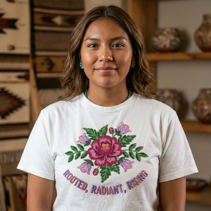 Rooted Radiant Rising shirt, Indigenous beadwork floral shirt, Native floral graphic tee, Dene floral design shirt, Indigenous growth shirt, cultural floral tee, Sahtu Tlicho beadwork shirt, radiant rising Indigenous apparel, ancestral floral shirt, Indigenous-owned graphic tee.