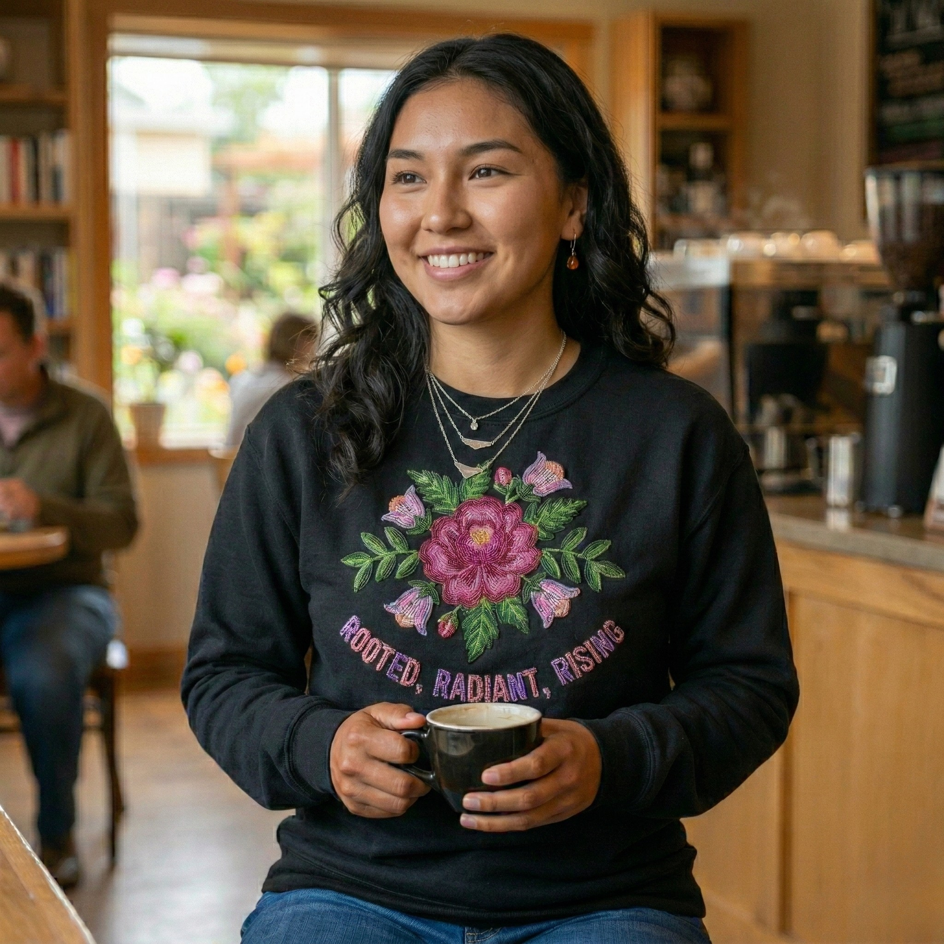 Rooted Radiant Rising sweatshirt, Indigenous beadwork floral sweatshirt, Native floral crewneck, Dene floral sweatshirt, Indigenous growth sweatshirt, cultural floral fleece, Sahtu Tlicho beadwork sweatshirt, radiant rising Indigenous apparel, ancestral floral sweatshirt, Indigenous-owned sweatshirts.