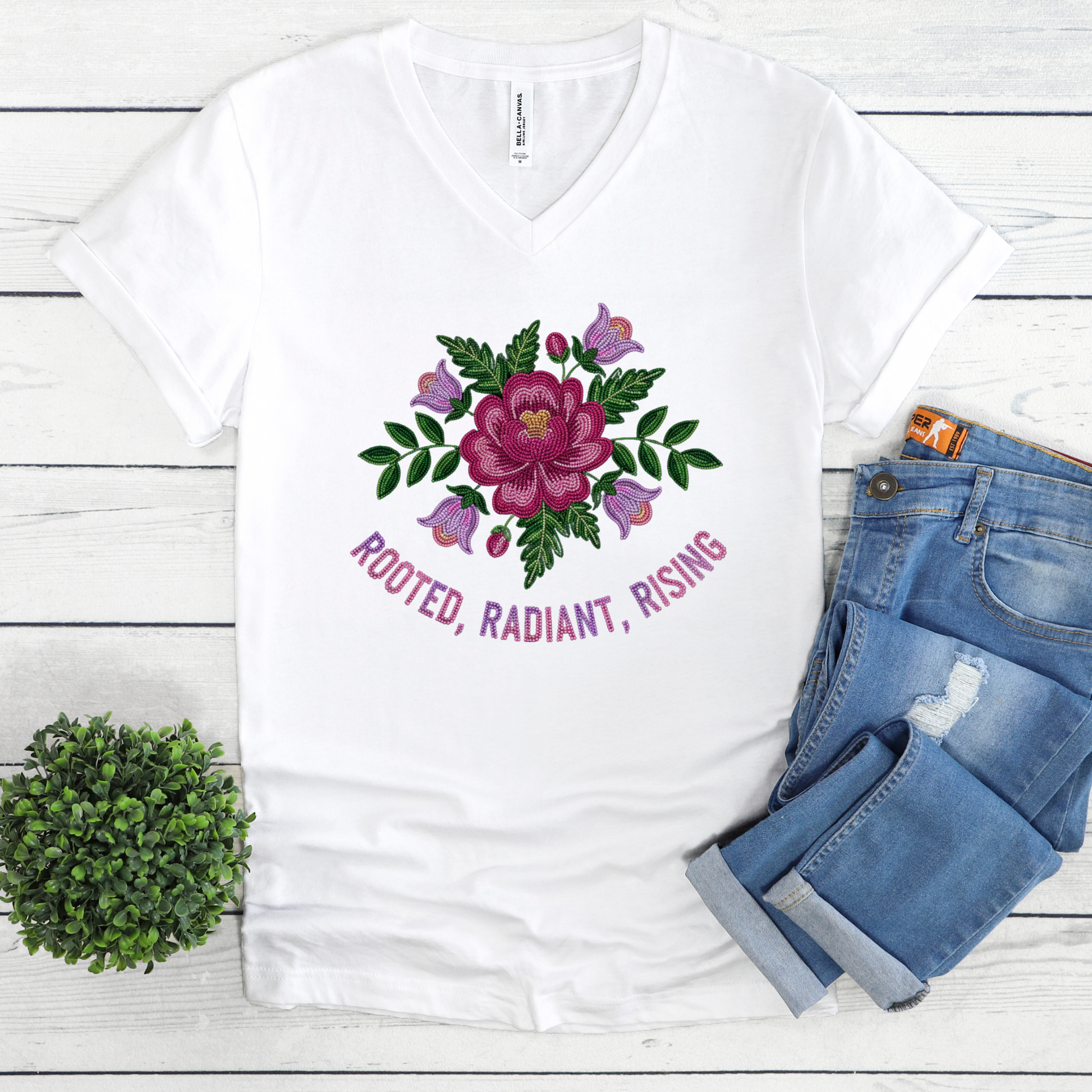 Rooted Radiant Rising vneck shirt, Indigenous beadwork floral shirt, Native floral graphic tee, Dene floral design shirt, Indigenous growth shirt, cultural floral tee, Sahtu Tlicho beadwork shirt, radiant rising Indigenous apparel, ancestral floral shirt, Indigenous-owned graphic tee.