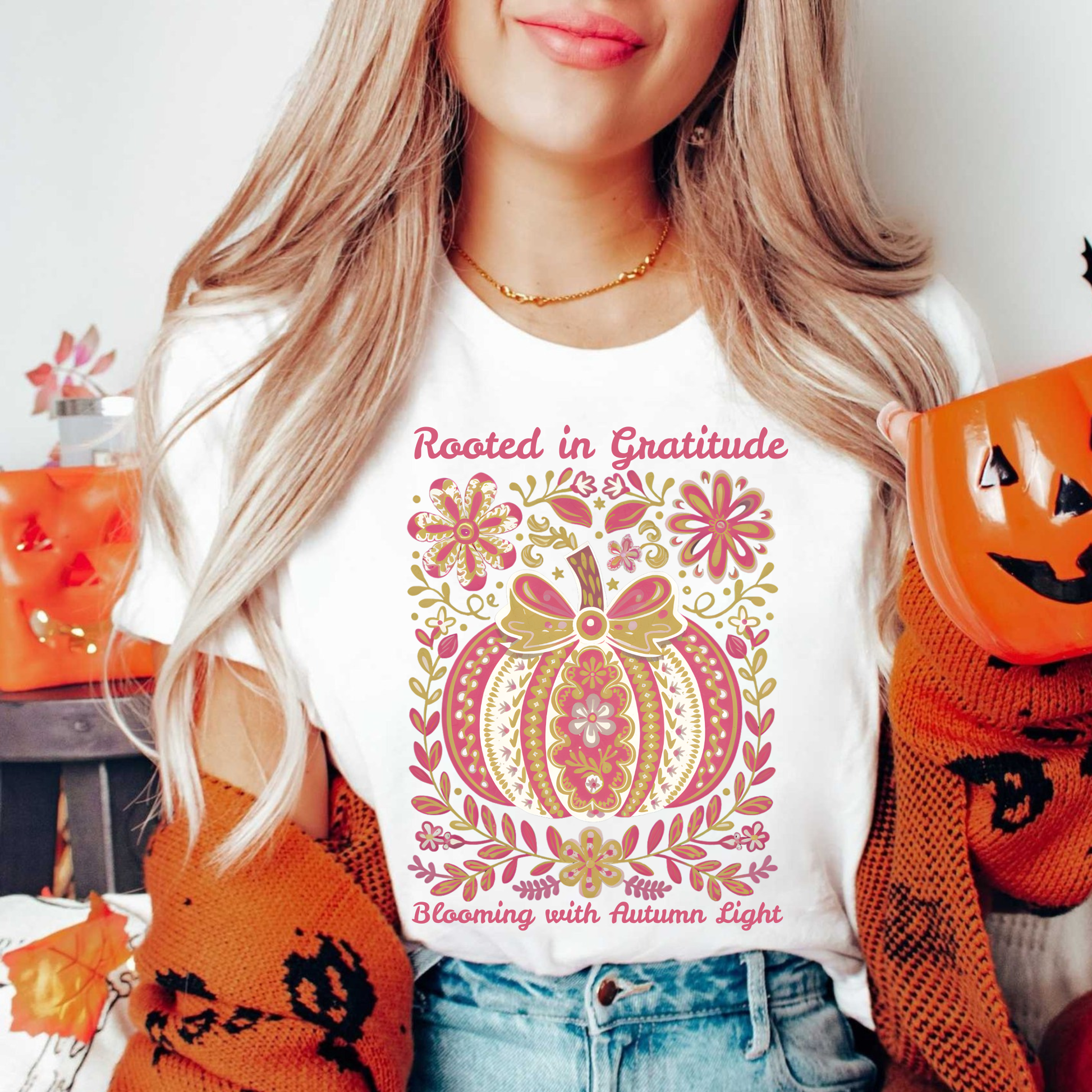Rooted in Gratitude pumpkin shirt, fall pumpkin graphic shirt, floral pumpkin t-shirt, autumn aesthetic shirt, Thanksgiving fall shirt, pumpkin patch outfit shirt, fall graphic tee women, Sahdeh Spruce apparel, Indigenous owned clothing brand Canada, fall pumpkin floral shirt, cozy autumn clothing, made to order fall shirt, seasonal fall graphic tee