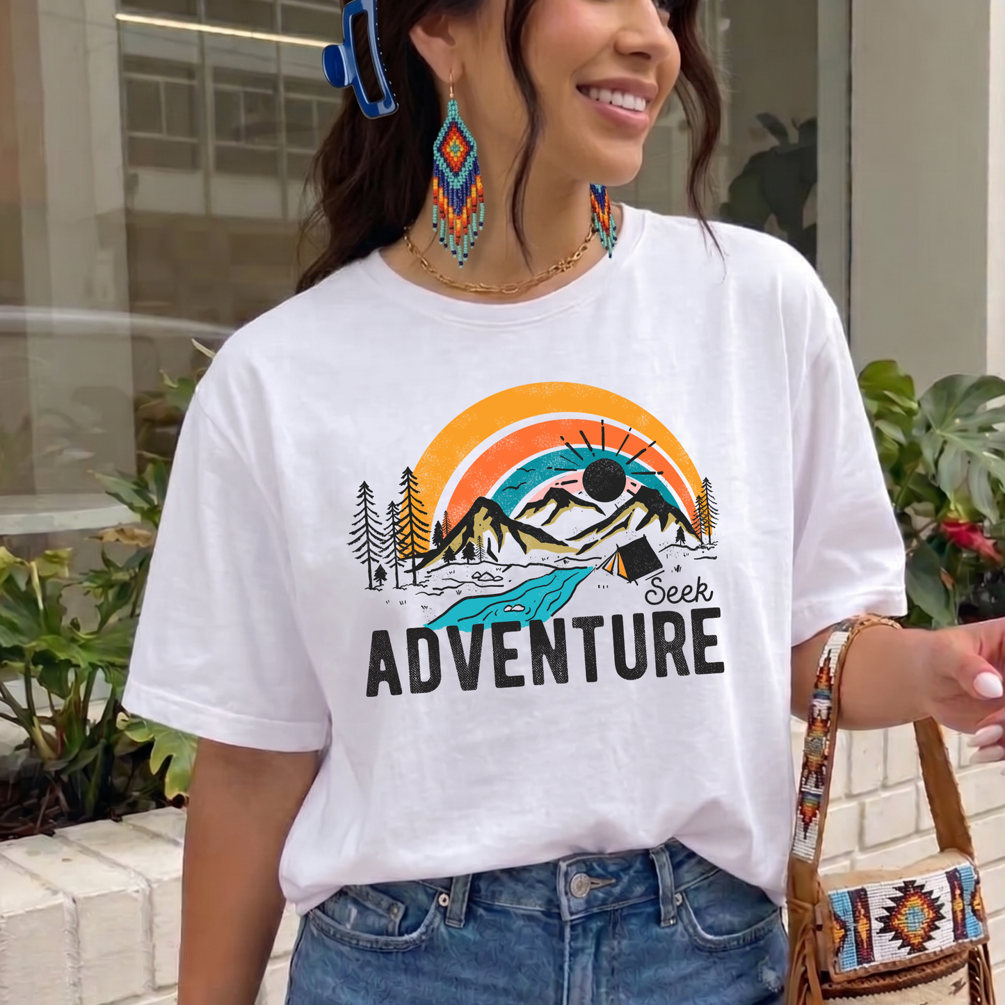 Seek Adventure shirt with mountain landscape, pine trees, river, and sunset graphic. adventure shirt, outdoor graphic tee, hiking shirt, camping shirt, mountain shirt, nature lover shirt, travel tee, sunset shirt, unisex adventure shirt