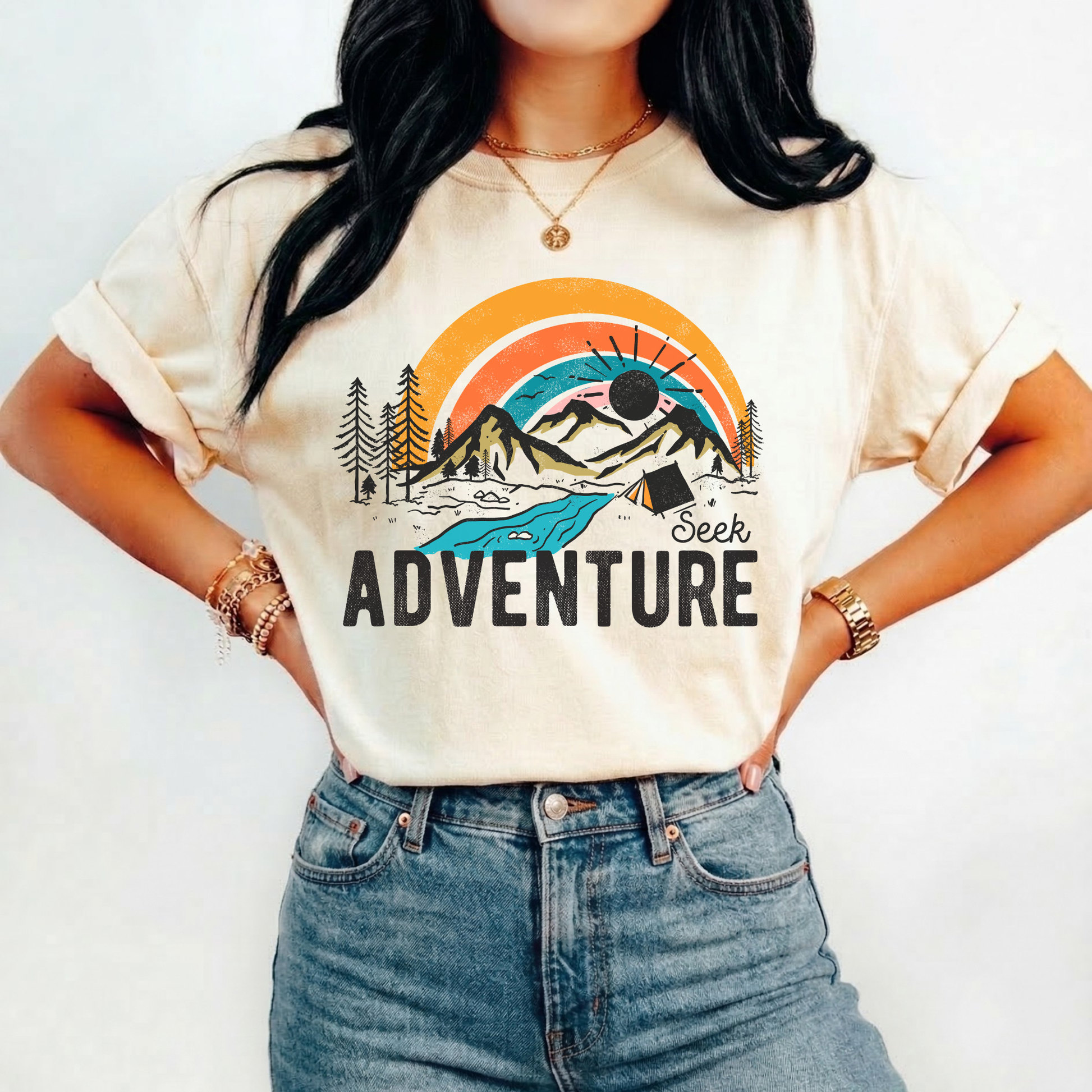Seek Adventure shirt with mountain landscape, pine trees, river, and sunset graphic. adventure shirt, outdoor graphic tee, hiking shirt, camping shirt, mountain shirt, nature lover shirt, travel tee, sunset shirt, unisex adventure shirt