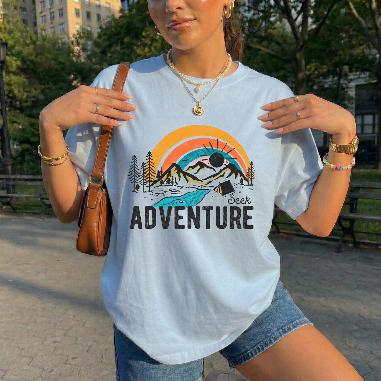 Seek Adventure shirt with mountain landscape, pine trees, river, and sunset graphic. adventure shirt, outdoor graphic tee, hiking shirt, camping shirt, mountain shirt, nature lover shirt, travel tee, sunset shirt, unisex adventure shirt