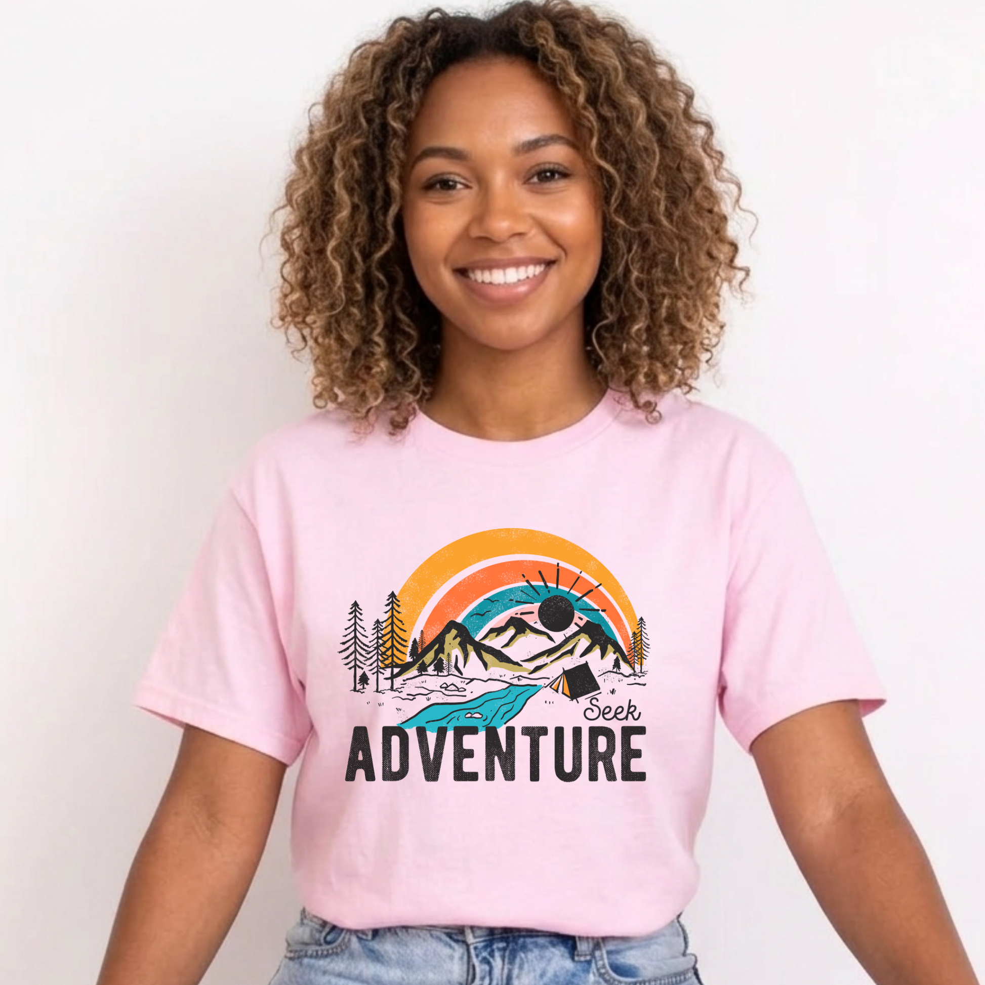 Seek Adventure shirt with mountain landscape, pine trees, river, and sunset graphic. adventure shirt, outdoor graphic tee, hiking shirt, camping shirt, mountain shirt, nature lover shirt, travel tee, sunset shirt, unisex adventure shirt