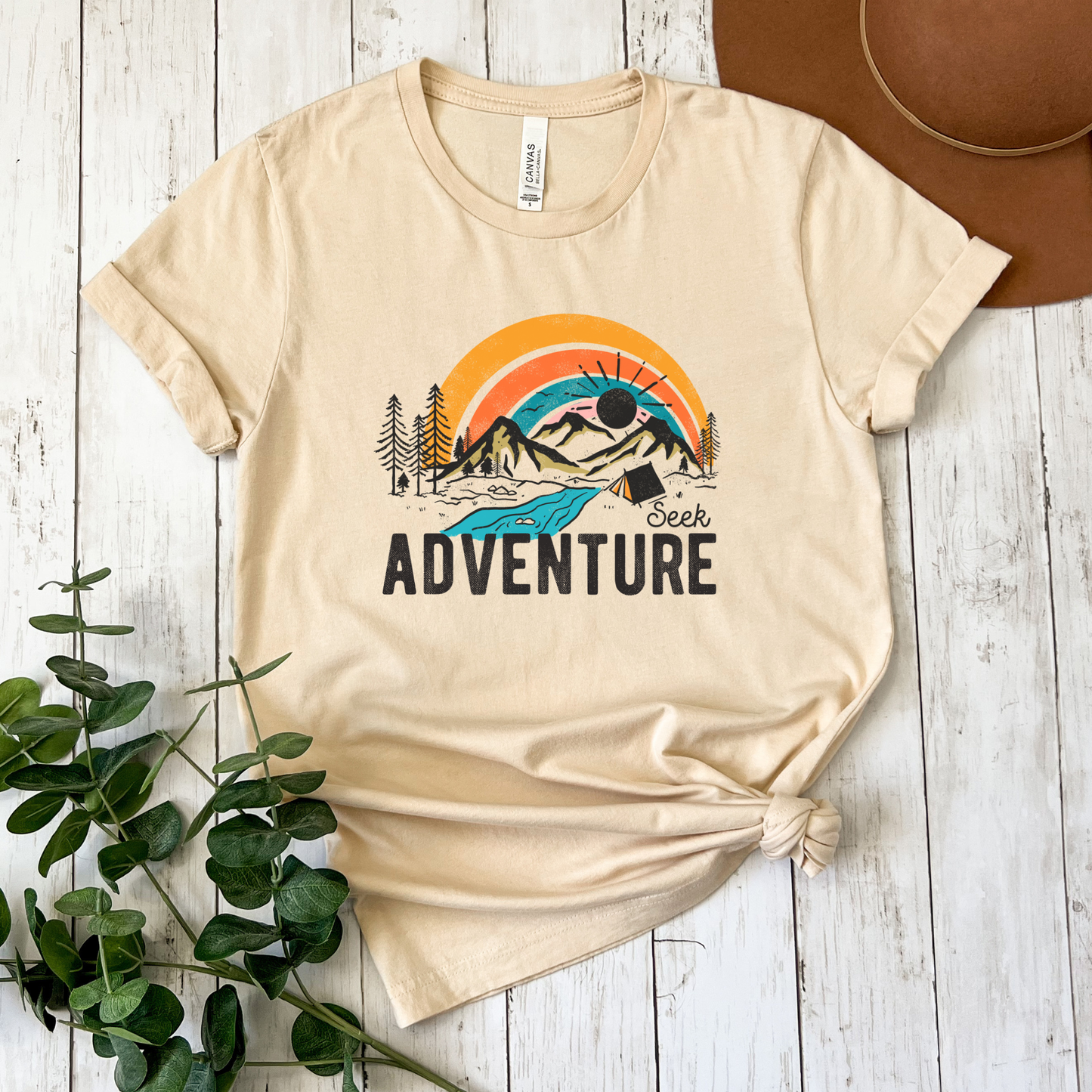 Seek Adventure shirt with mountain landscape, pine trees, river, and sunset graphic. adventure shirt, outdoor graphic tee, hiking shirt, camping shirt, mountain shirt, nature lover shirt, travel tee, sunset shirt, unisex adventure shirt