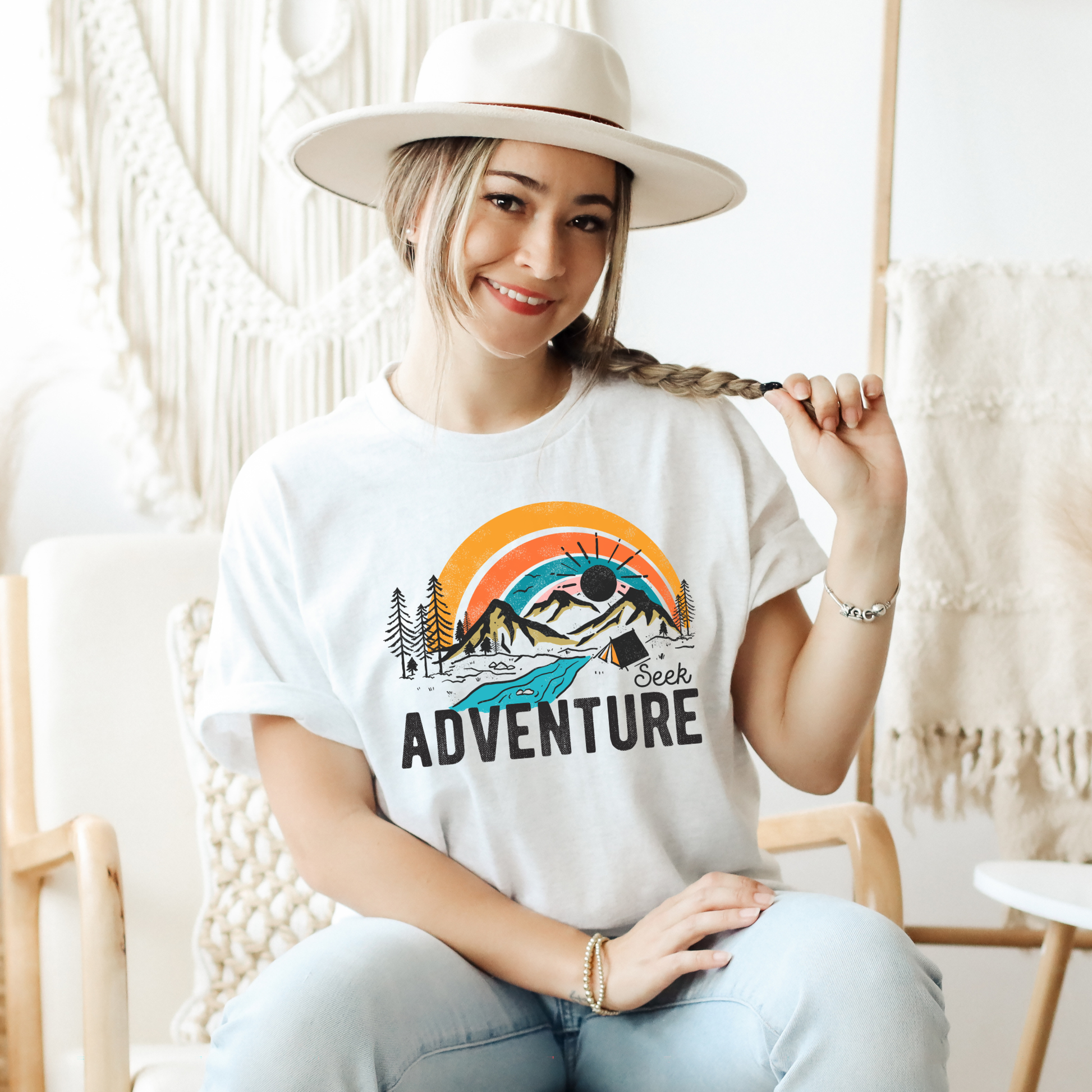 Seek Adventure shirt with mountain landscape, pine trees, river, and sunset graphic. adventure shirt, outdoor graphic tee, hiking shirt, camping shirt, mountain shirt, nature lover shirt, travel tee, sunset shirt, unisex adventure shirt