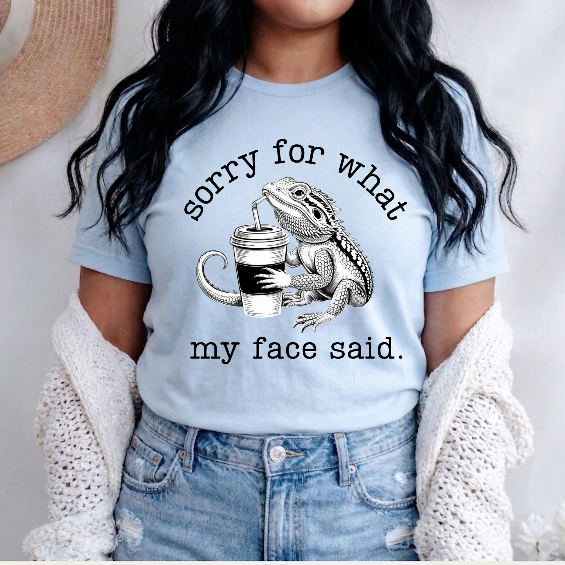 Sorry for what my face said shirt featuring a funny bearded dragon drinking from a cup on a unisex graphic tee. sorry for what my face said shirt, funny bearded dragon shirt, reptile lover tee, sarcastic graphic tee, dragon drinking cup shirt, unisex funny shirt, bearded dragon gift, quirky animal shirt, statement tee, humorous reptile apparel, casual funny tee, animal lover shirt, sarcastic quote shirt, dragon lover shirt, everyday graphic tee