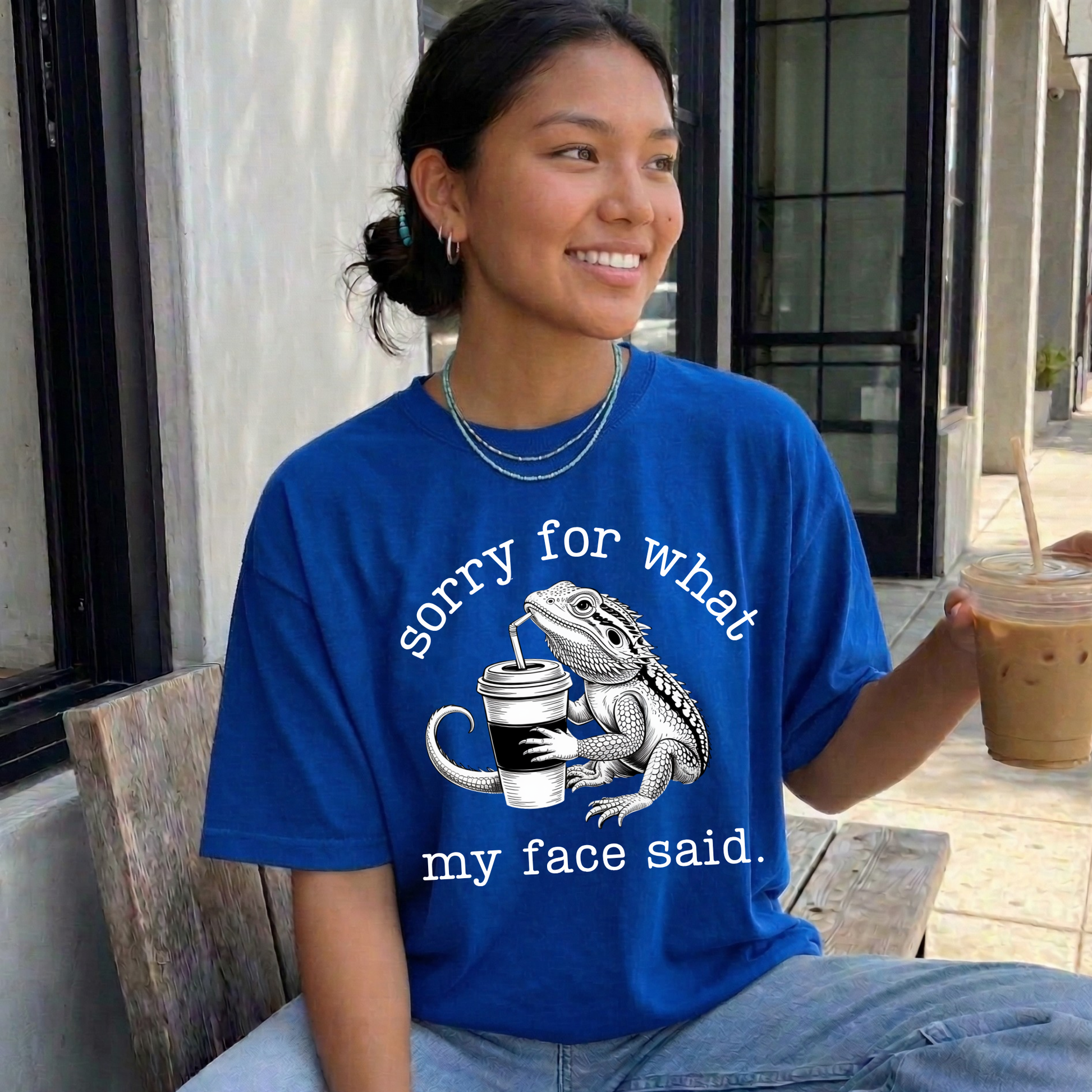 Sorry for what my face said shirt featuring a funny bearded dragon drinking from a cup on a unisex graphic tee. sorry for what my face said shirt, funny bearded dragon shirt, reptile lover tee, sarcastic graphic tee, dragon drinking cup shirt, unisex funny shirt, bearded dragon gift, quirky animal shirt, statement tee, humorous reptile apparel, casual funny tee, animal lover shirt, sarcastic quote shirt, dragon lover shirt, everyday graphic tee