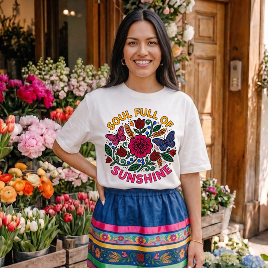 t-shirt featuring colorful Indigenous-inspired floral artwork, butterflies, and the phrase "Soul Full of Sunshine" in a vibrant circular design. soul full of sunshine shirt, Indigenous floral shirt, woodland floral shirt, butterfly shirt, floral graphic tee, colorful floral shirt, positive vibes shirt, sunshine shirt, Indigenous inspired apparel, nature lover shirt, boho floral tee, cottagecore shirt, botanical shirt, wildflower shirt, spring graphic tee, summer shirt, butterfly lover gift, floral aesthetic