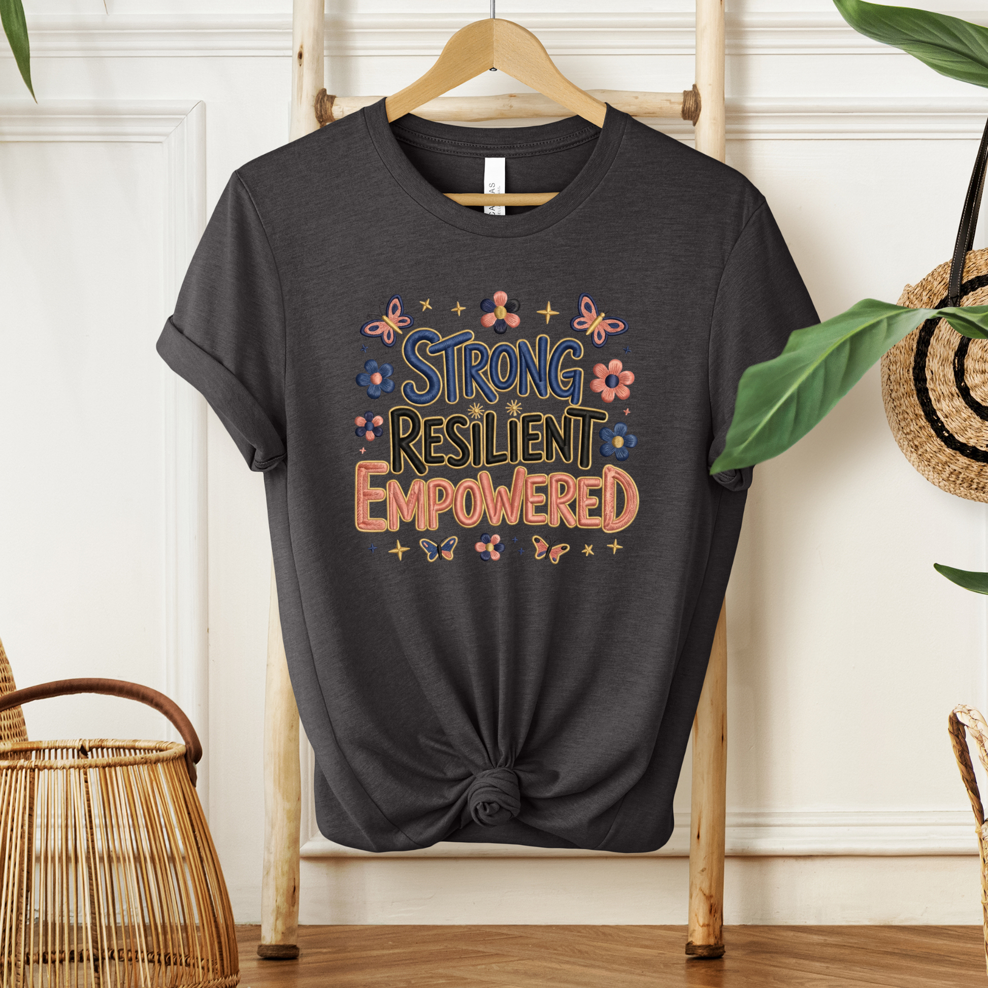 strong resilient empowered shirt, faux crochet graphic tee, empowerment women shirt, resilient crochet design tee, unisex strength shirt, motivated graphic apparel, crochet look t-shirt, self love empowerment tee, sahdeh spruce crochet shirt, strong woman graphic top