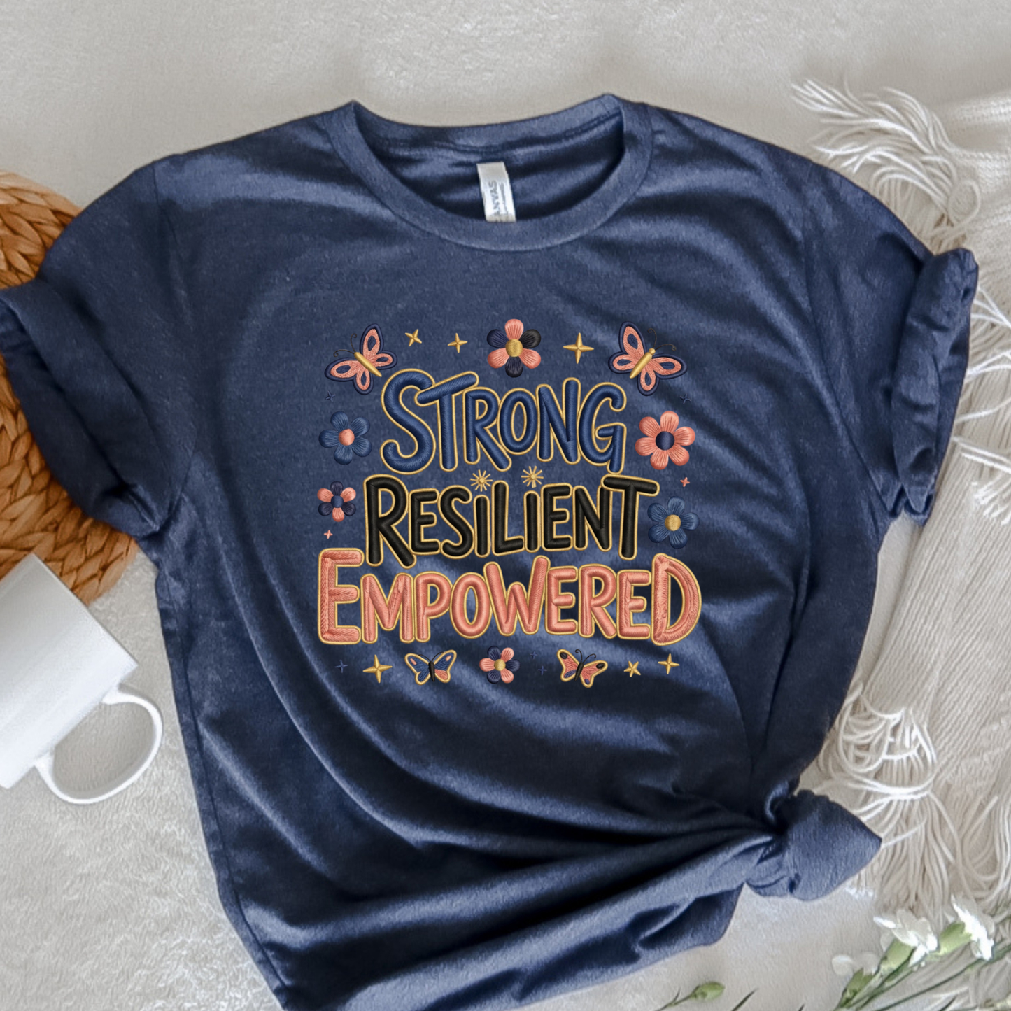 strong resilient empowered shirt, faux crochet graphic tee, empowerment women shirt, resilient crochet design tee, unisex strength shirt, motivated graphic apparel, crochet look t-shirt, self love empowerment tee, sahdeh spruce crochet shirt, strong woman graphic top