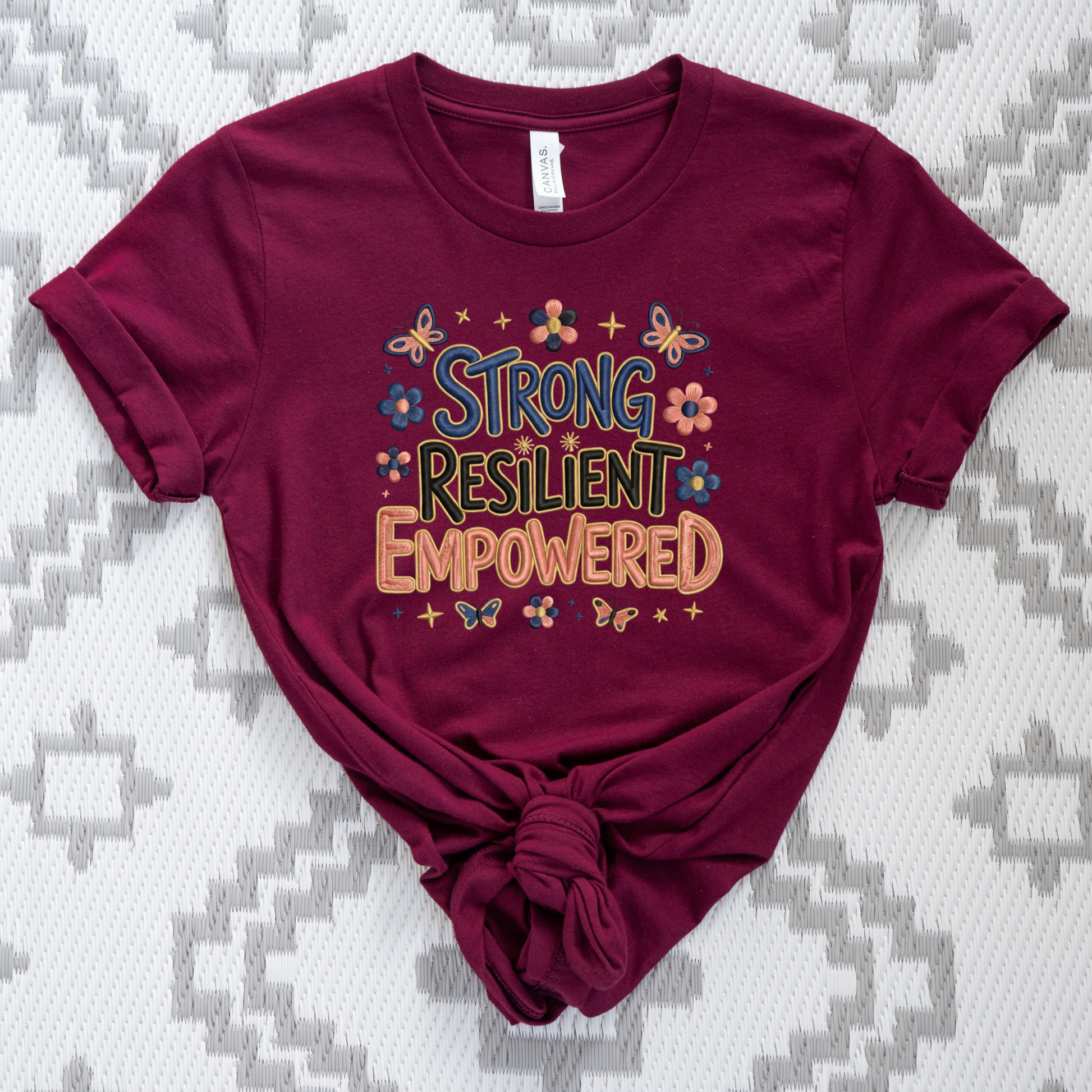 strong resilient empowered shirt, faux crochet graphic tee, empowerment women shirt, resilient crochet design tee, unisex strength shirt, motivated graphic apparel, crochet look t-shirt, self love empowerment tee, sahdeh spruce crochet shirt, strong woman graphic top