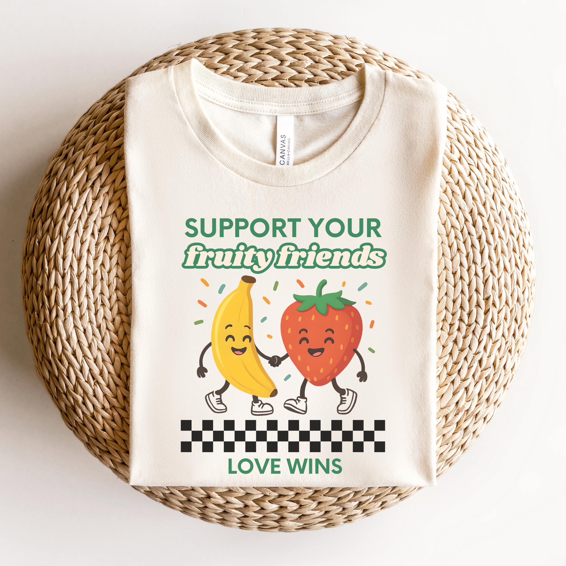 Support Your Fruity Friends shirt featuring a smiling banana and strawberry holding hands with the words Love Wins and a playful LGBTQ2S+ ally message. Support Your Fruity Friends Shirt, LGBTQ Pride Shirt, Love Wins Shirt, Pride Ally Shirt, LGBTQ2S+ Apparel, Funny Pride Shirt, Inclusive Clothing, Ally Support Shirt, Rainbow Pride Tee, Pride Gift Idea