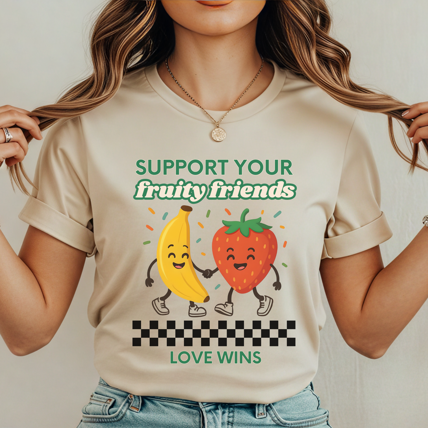 Support Your Fruity Friends shirt featuring a smiling banana and strawberry holding hands with the words Love Wins and a playful LGBTQ2S+ ally message. Support Your Fruity Friends Shirt, LGBTQ Pride Shirt, Love Wins Shirt, Pride Ally Shirt, LGBTQ2S+ Apparel, Funny Pride Shirt, Inclusive Clothing, Ally Support Shirt, Rainbow Pride Tee, Pride Gift Idea