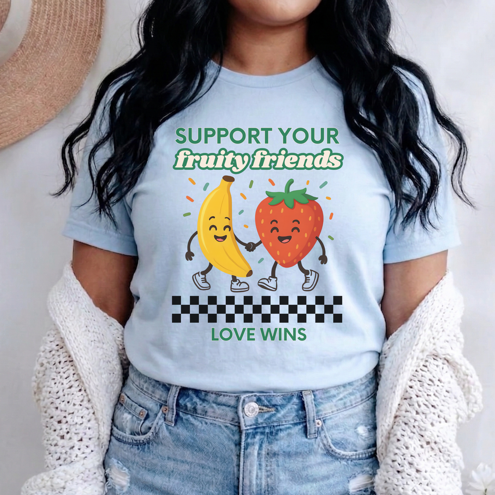Support Your Fruity Friends shirt featuring a smiling banana and strawberry holding hands with the words Love Wins and a playful LGBTQ2S+ ally message. Support Your Fruity Friends Shirt, LGBTQ Pride Shirt, Love Wins Shirt, Pride Ally Shirt, LGBTQ2S+ Apparel, Funny Pride Shirt, Inclusive Clothing, Ally Support Shirt, Rainbow Pride Tee, Pride Gift Idea